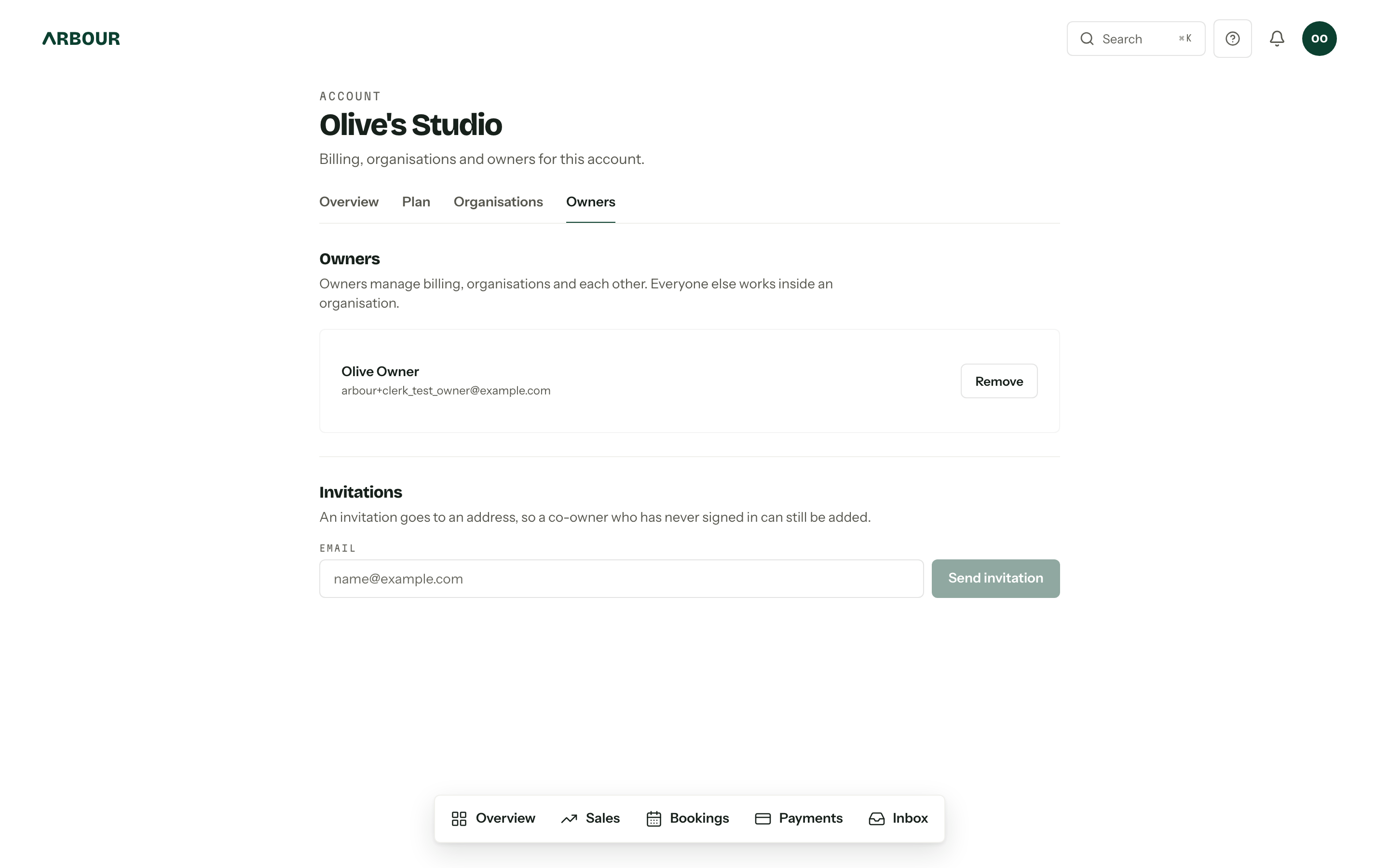 The Owners tab of an account, listing one owner with their email and a Remove button, above the Invitations form.