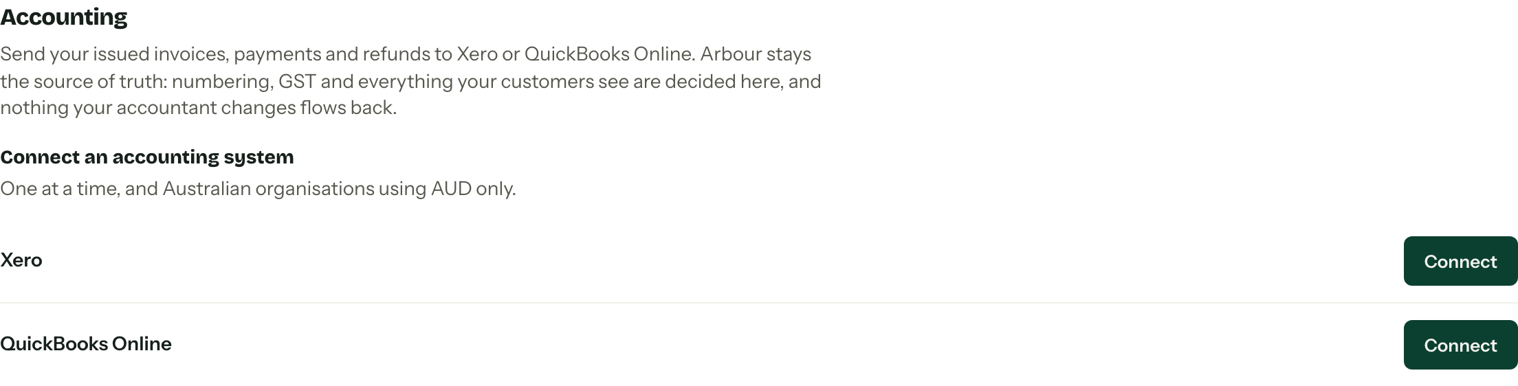 The Accounting section of the integrations screen, offering Xero and QuickBooks Online with a Connect button each.
