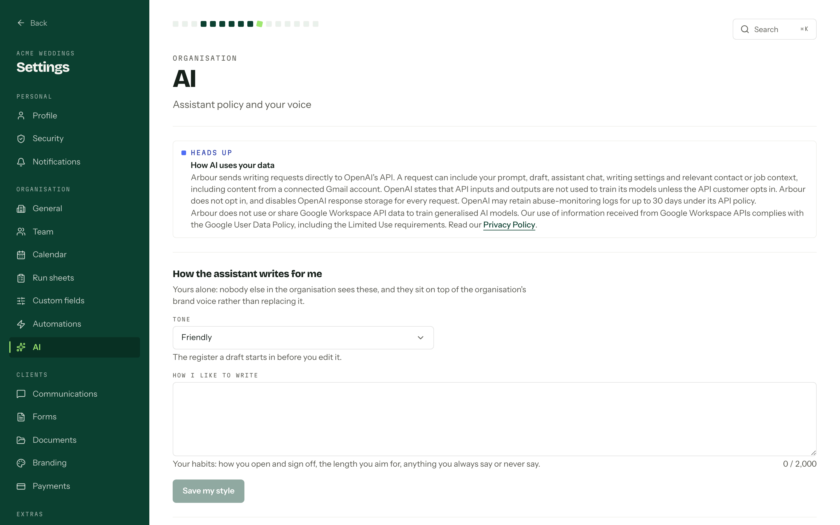 The AI settings page with the How AI uses your data notice at the top, then the personal Tone selector set to Friendly and the How I like to write box.
