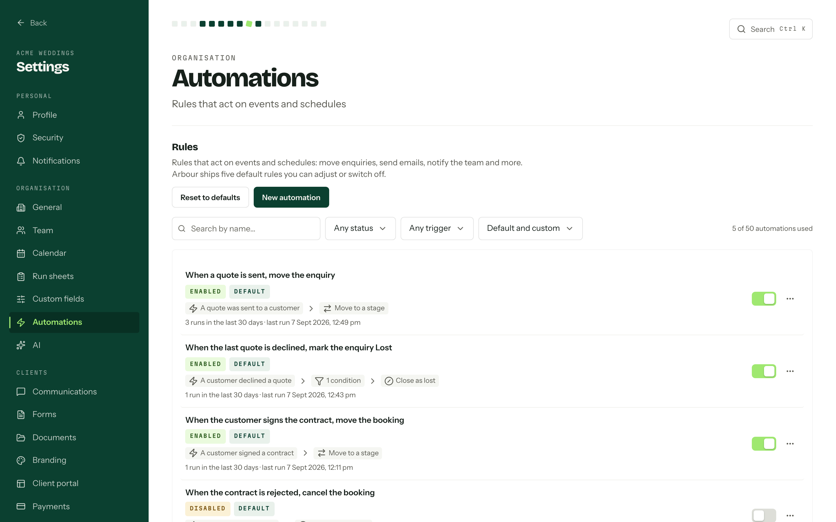 The automations settings page with the search and filter row and the default rules as cards showing their trigger and steps.