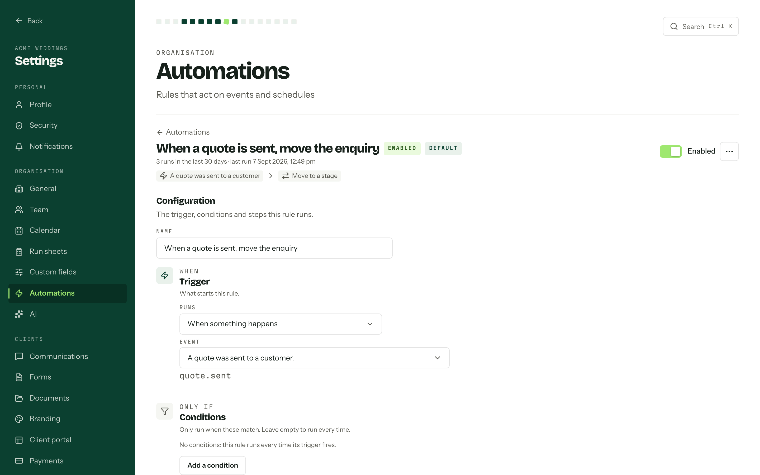 A default rule open, showing its Enabled switch, the trigger and step chips, and the configuration editor beneath.