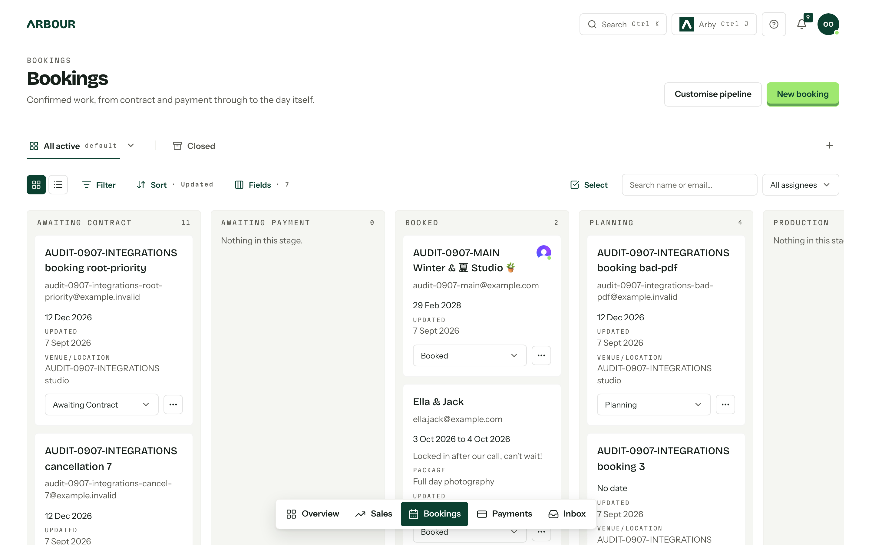 The bookings board with stage columns from Awaiting Contract through to Production, and one card sitting in Booked.