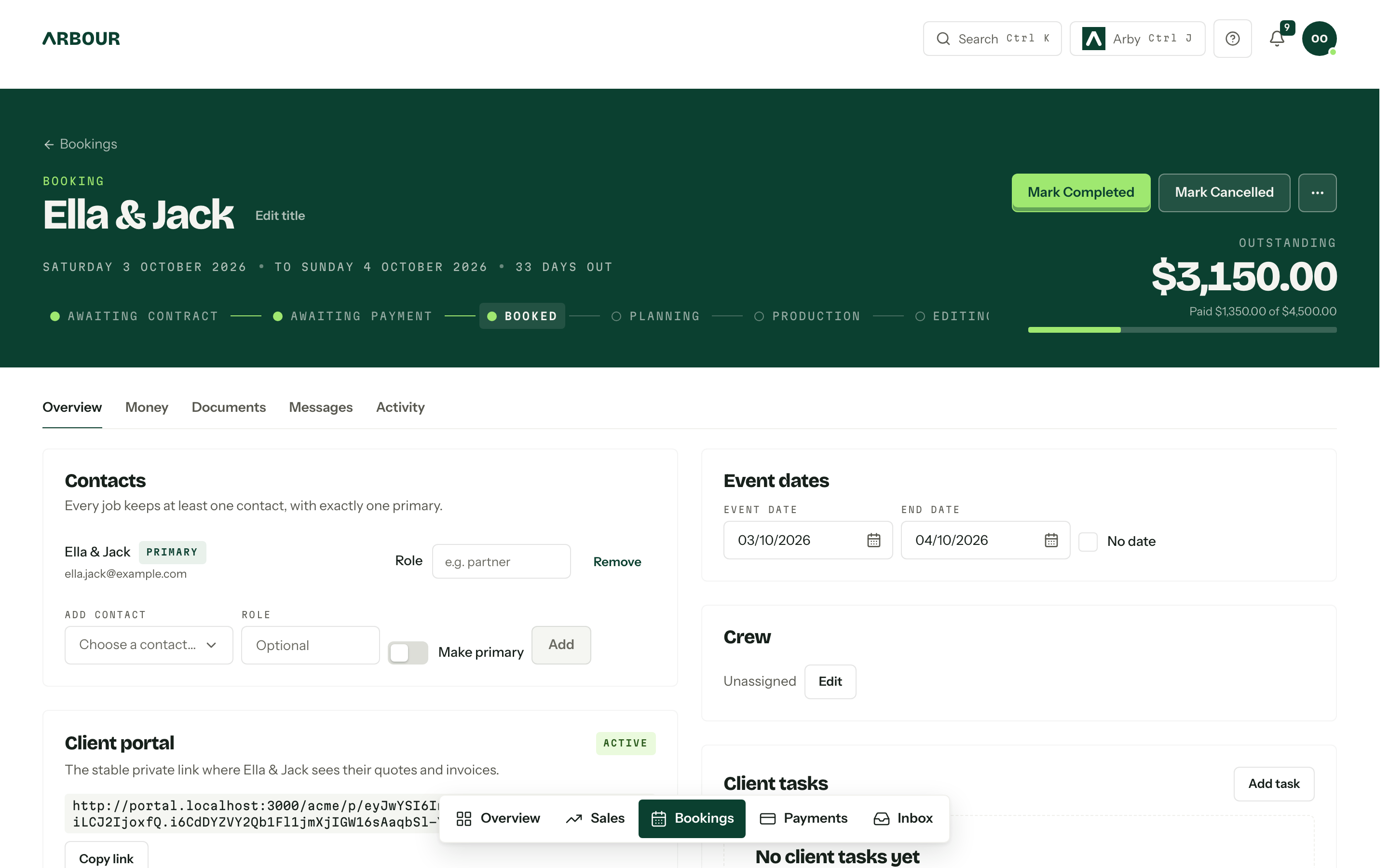 A booking's detail page: the dark hero with the stage stepper and the outstanding balance, then the Overview tab showing Contacts, Crew, Event dates and Client portal.