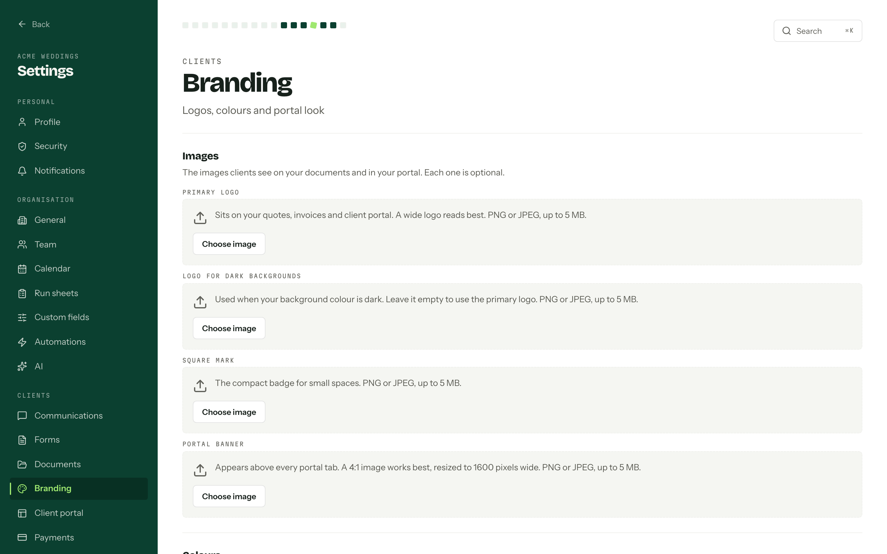 The branding settings page with the logo and portal banner upload slots.
