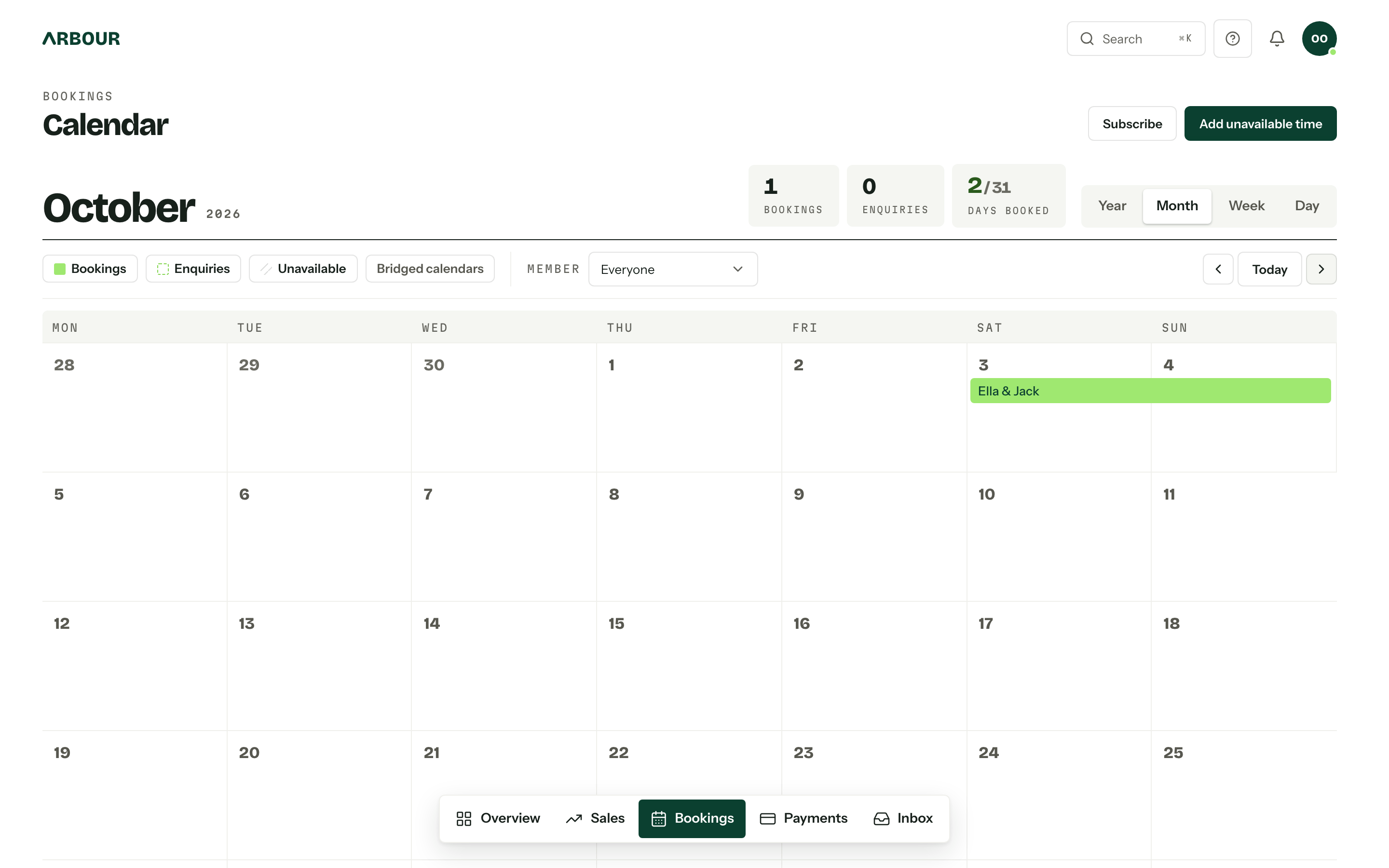 The calendar on October 2026, with the Bookings, Enquiries and Unavailable filters and the Member picker above a two-day booking bar for Ella and Jack.