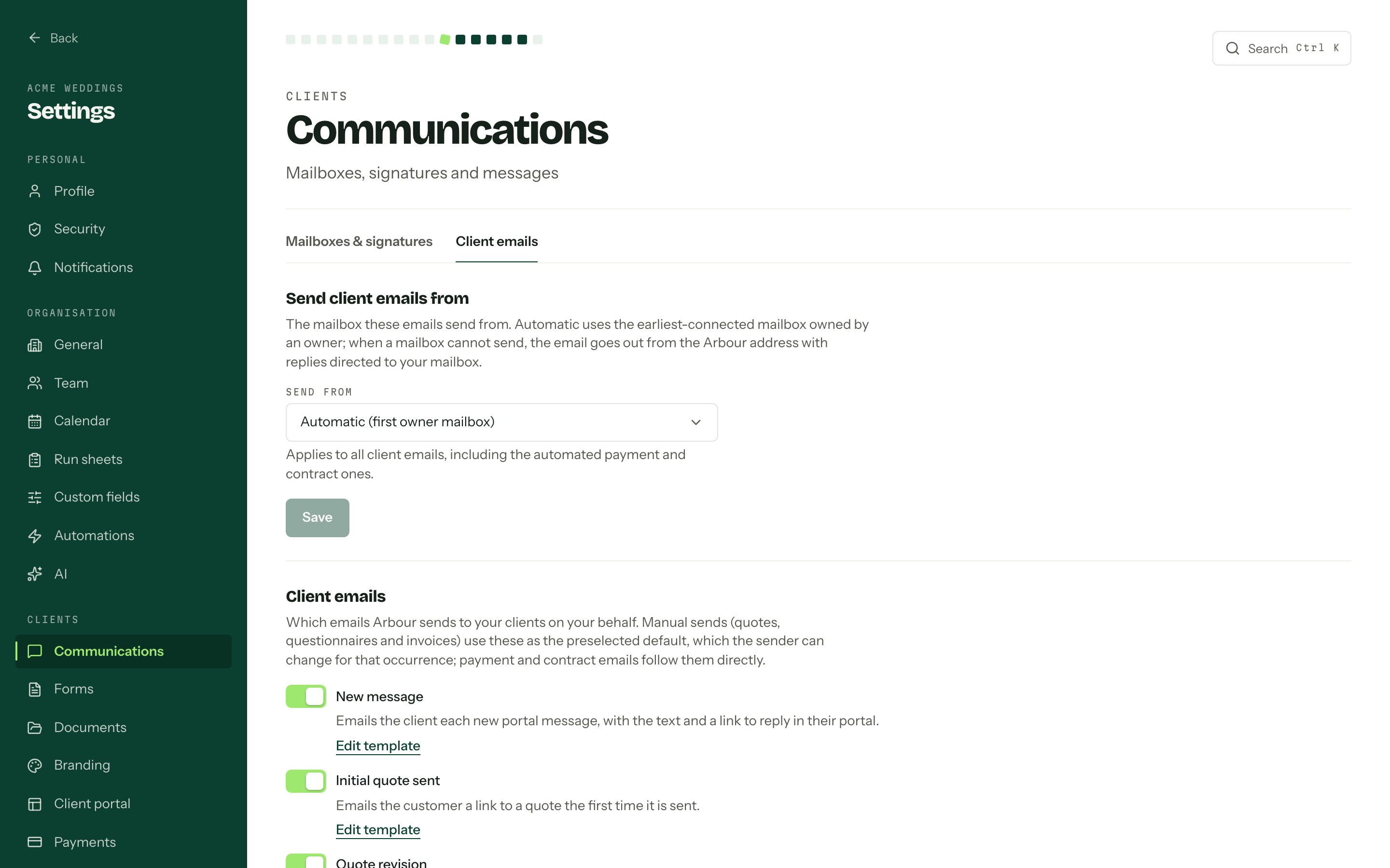 The client emails settings page showing the sender picker, the customer communications switches and the review toggle.