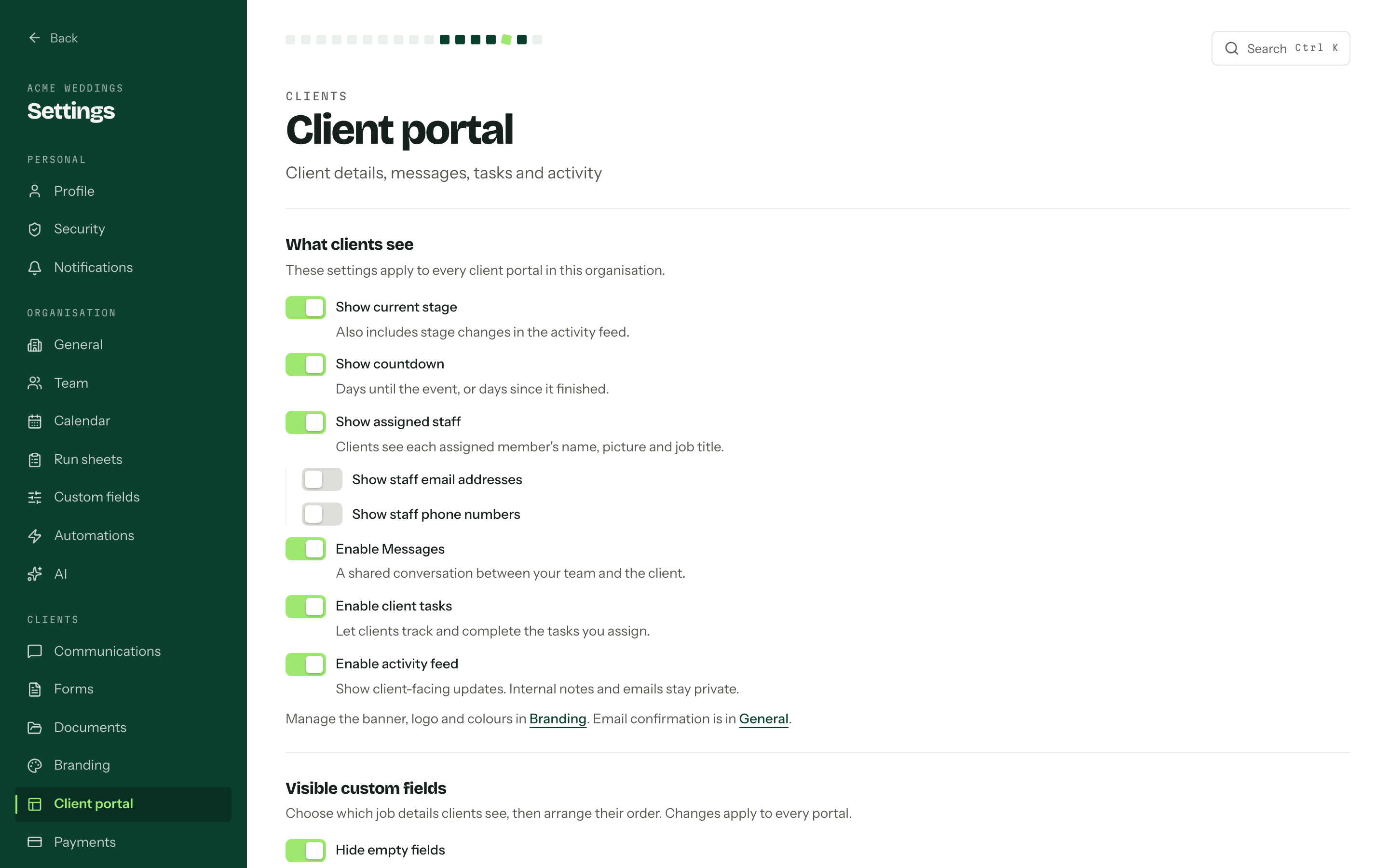 Client portal settings with the controls for the stage, countdown, assigned staff and portal features.