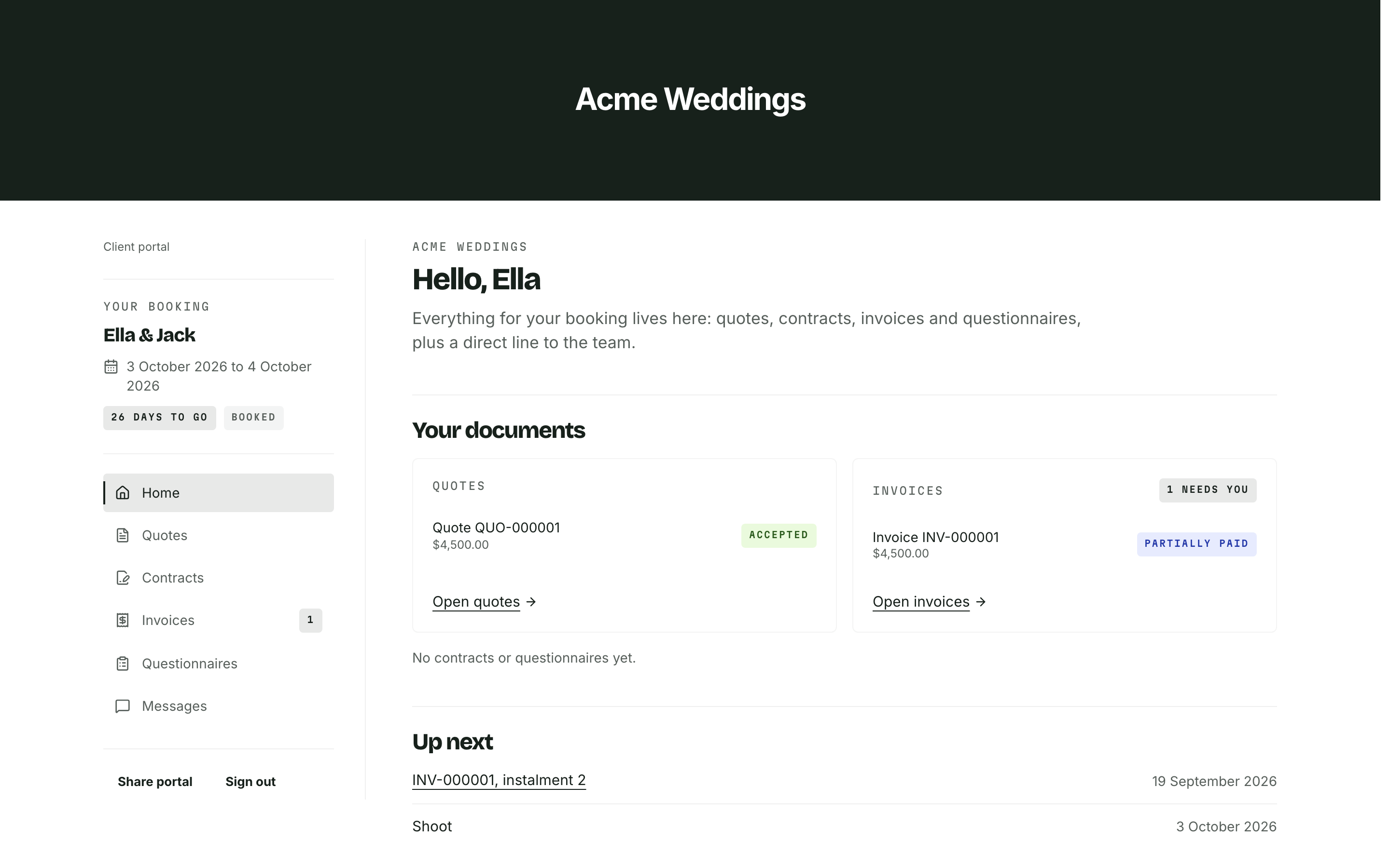The client portal Home page with the banner, the sidebar menu and the documents overview.