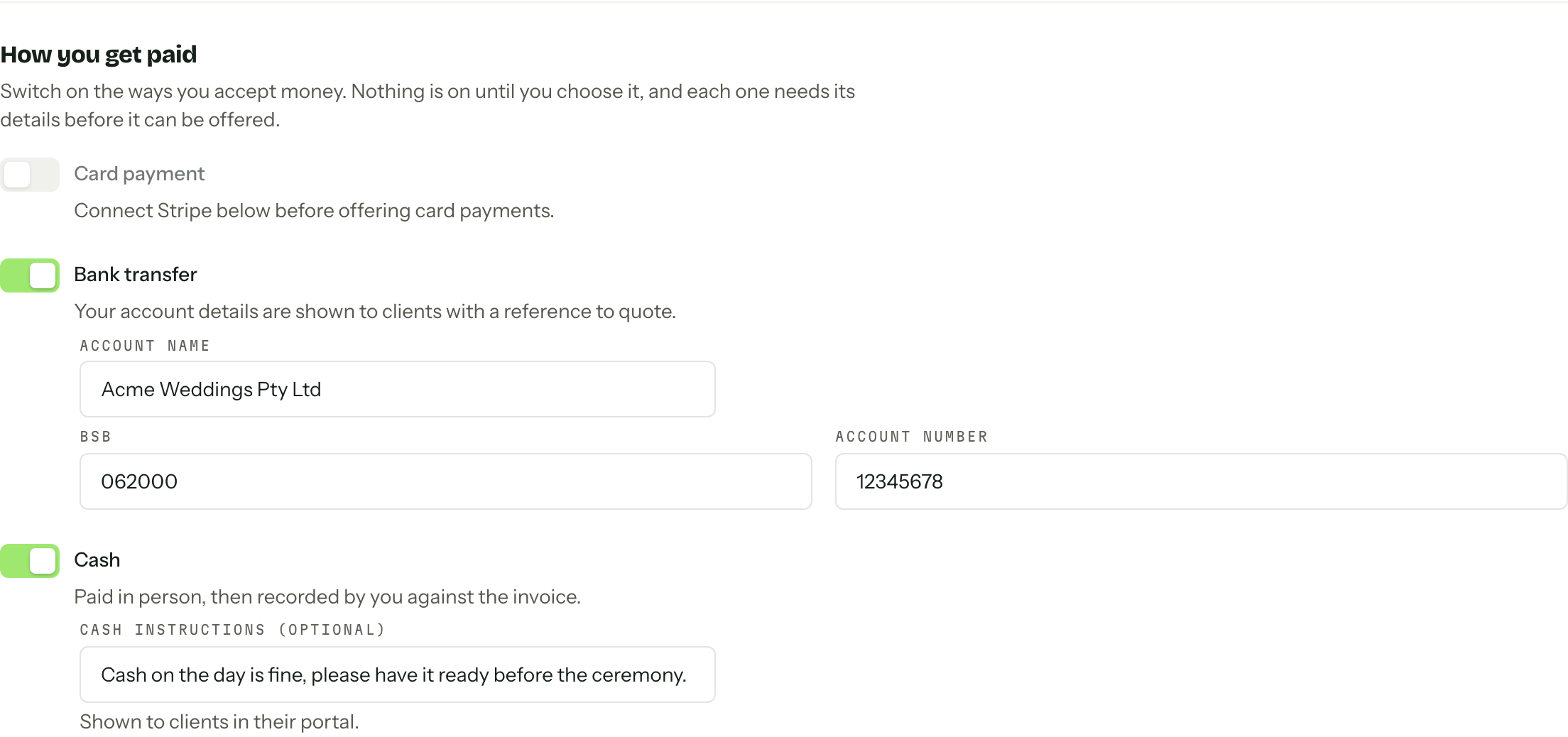 The How you get paid section with card payment off, bank transfer on with account name, BSB and account number filled in, and cash on.
