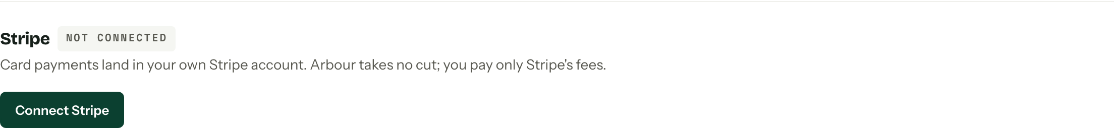 The Stripe section showing a Not connected badge and the Connect Stripe button.