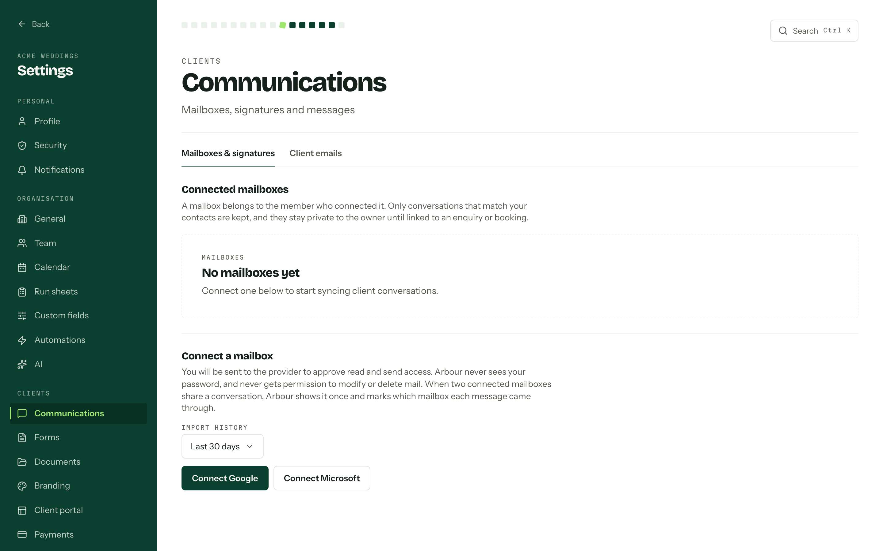 The mailboxes settings page with no mailbox connected, showing the Import history picker and the Connect Google and Connect Microsoft buttons.