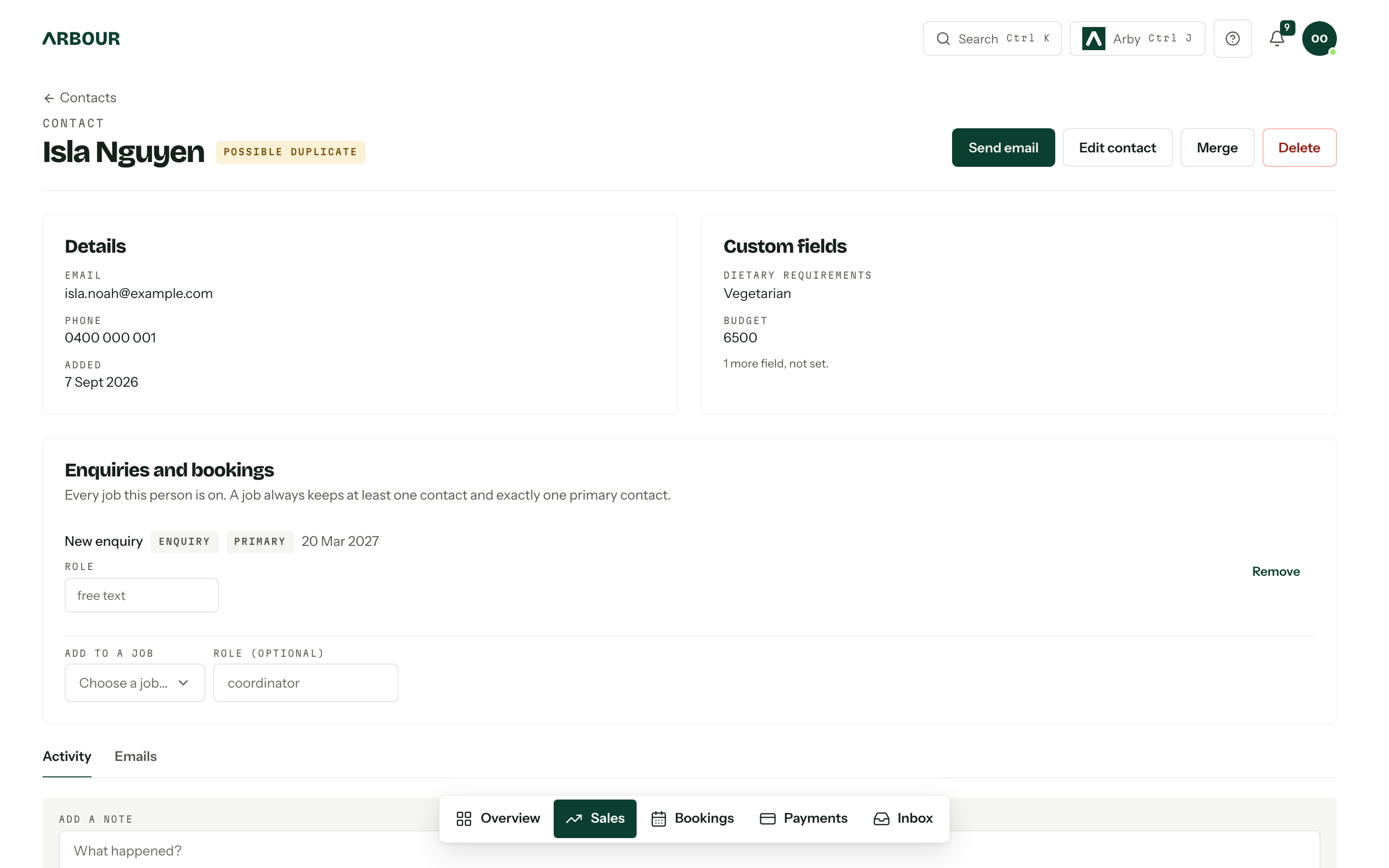 A contact detail page showing the Details and Custom fields cards, the linked enquiry, and the Activity tab.