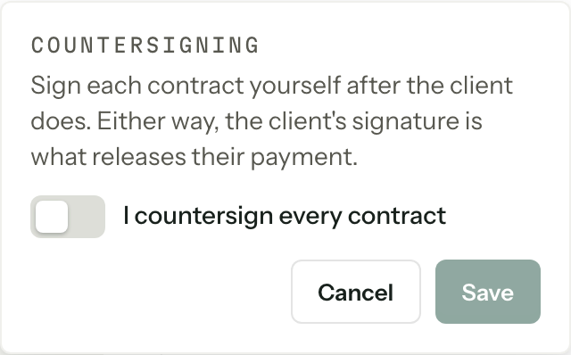 The Countersigning popover open over the Contracts page, showing the I countersign every contract switch with Cancel and Save.