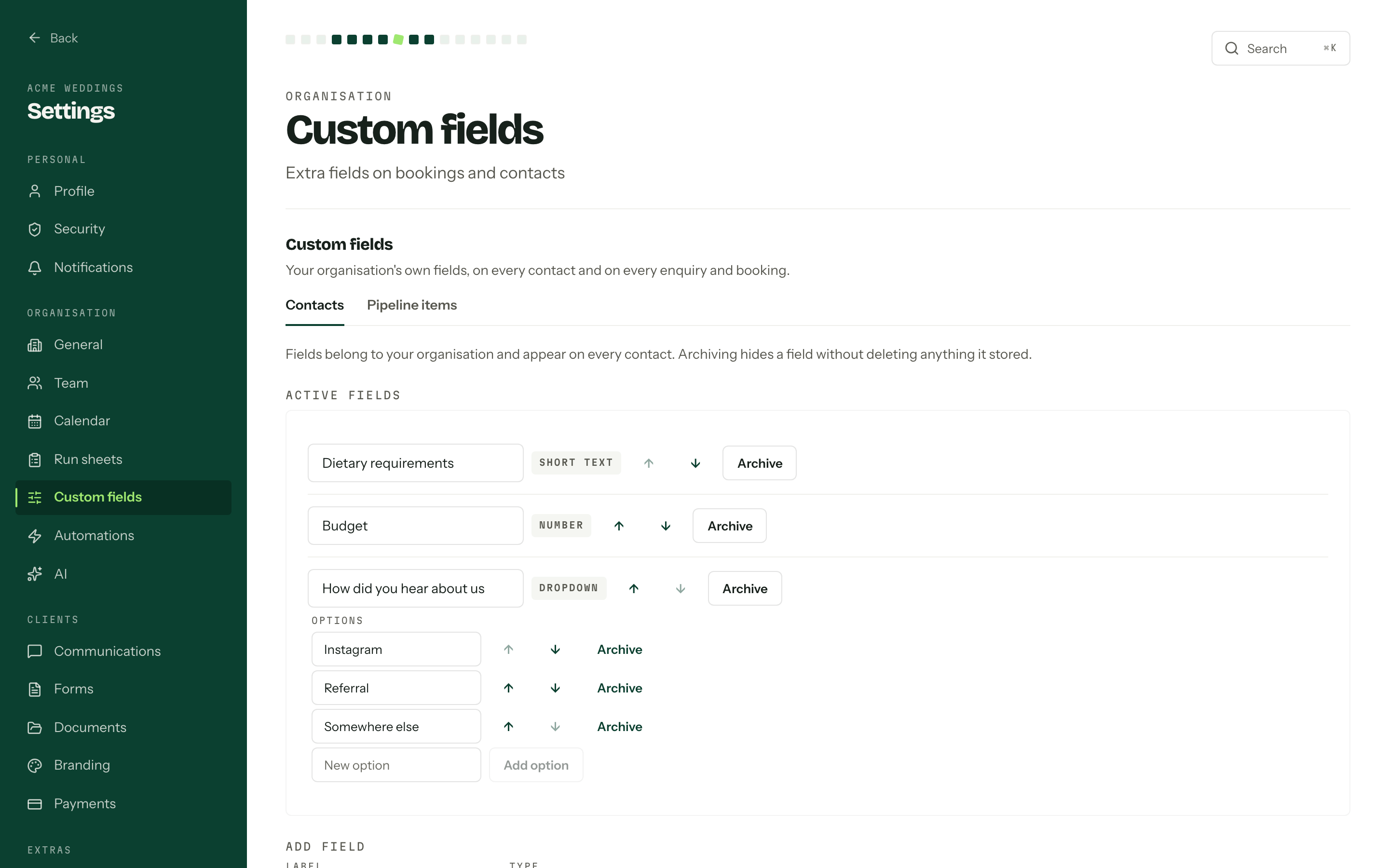 The custom fields editor with the Contacts tab open, listing Dietary requirements, Budget and How did you hear about us.