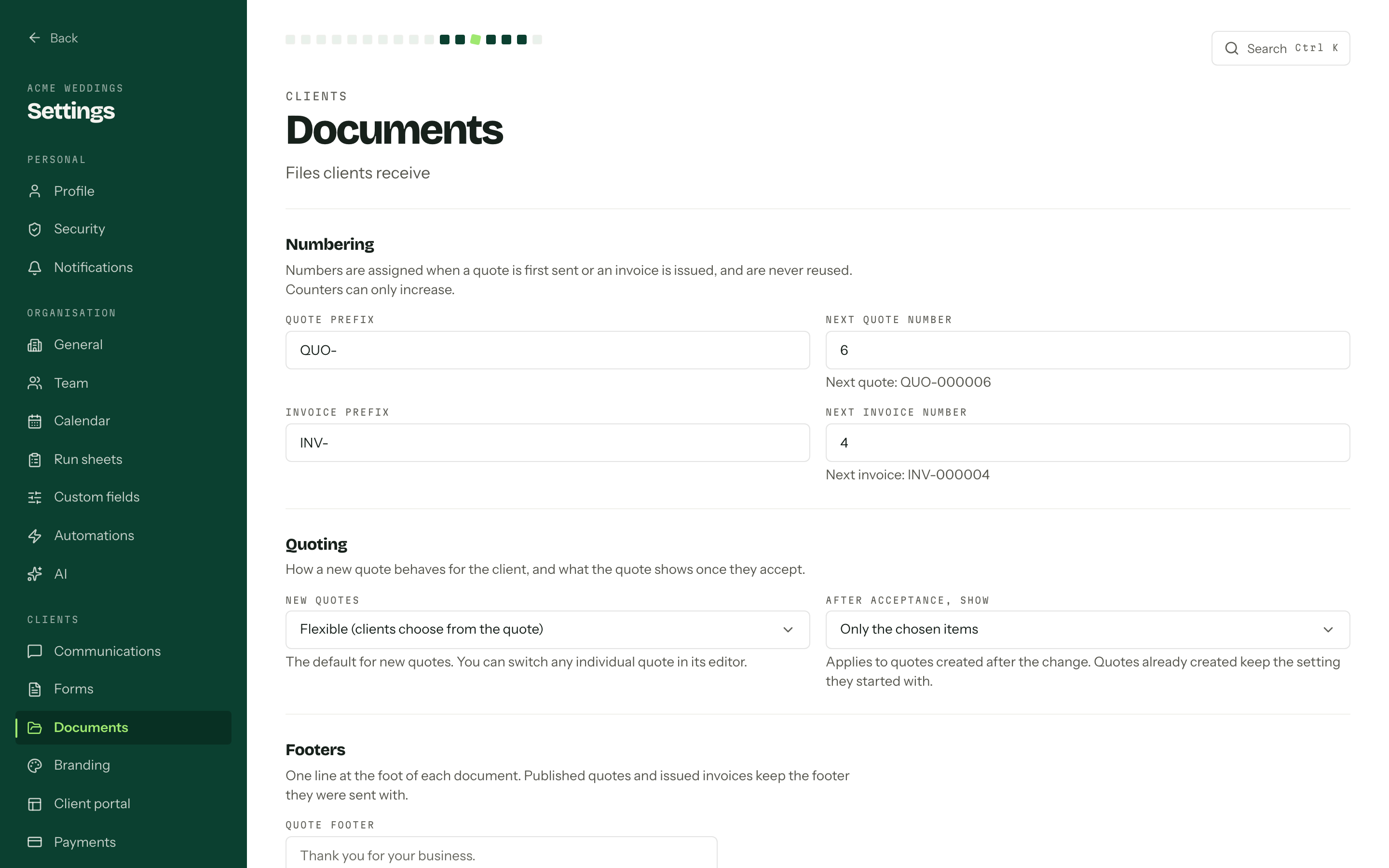 The Documents settings page showing the Numbering section with quote and invoice prefixes and their next numbers.