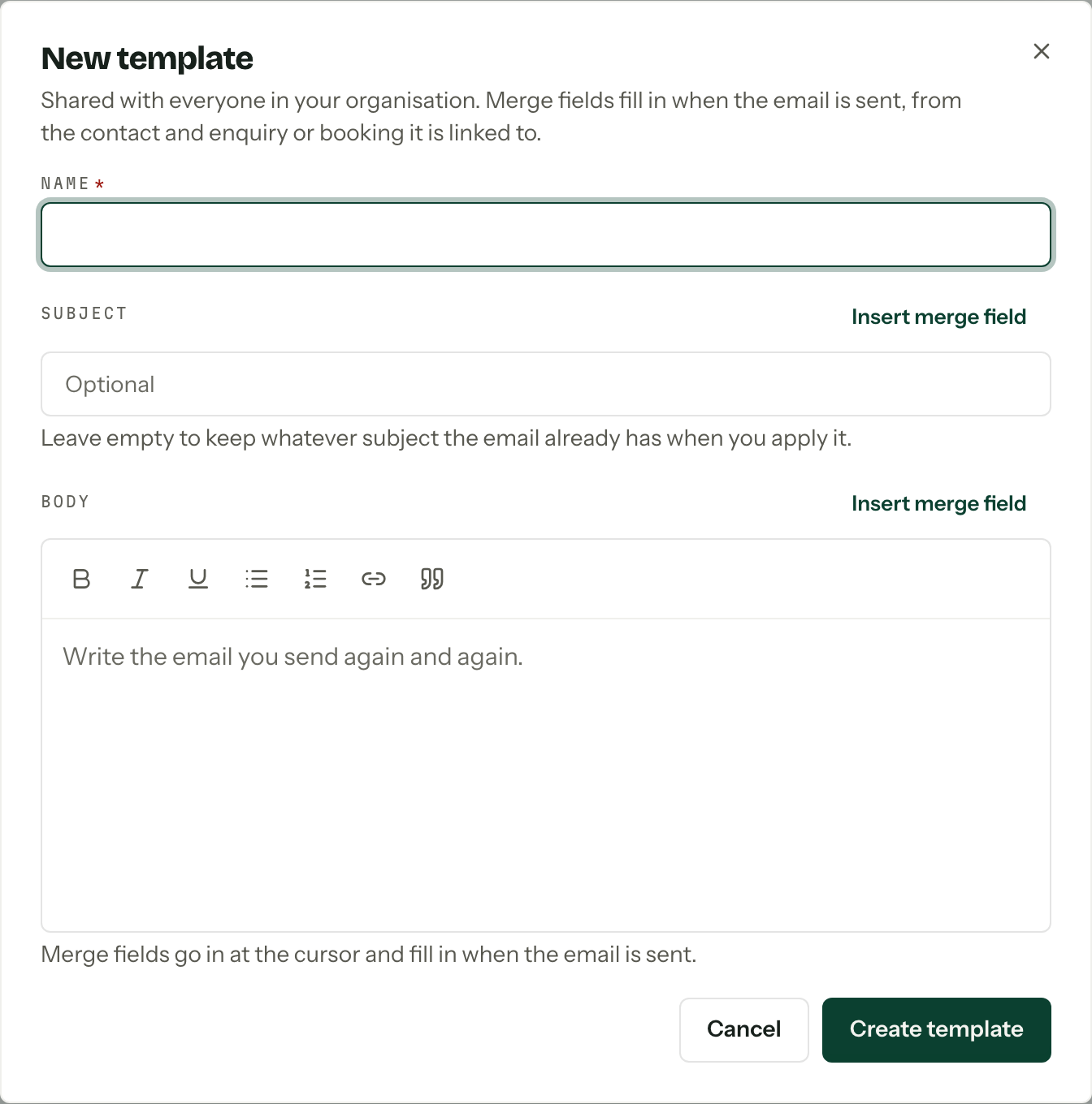 The New template dialog with empty Name, Subject and Body fields and an Insert merge field menu beside each.
