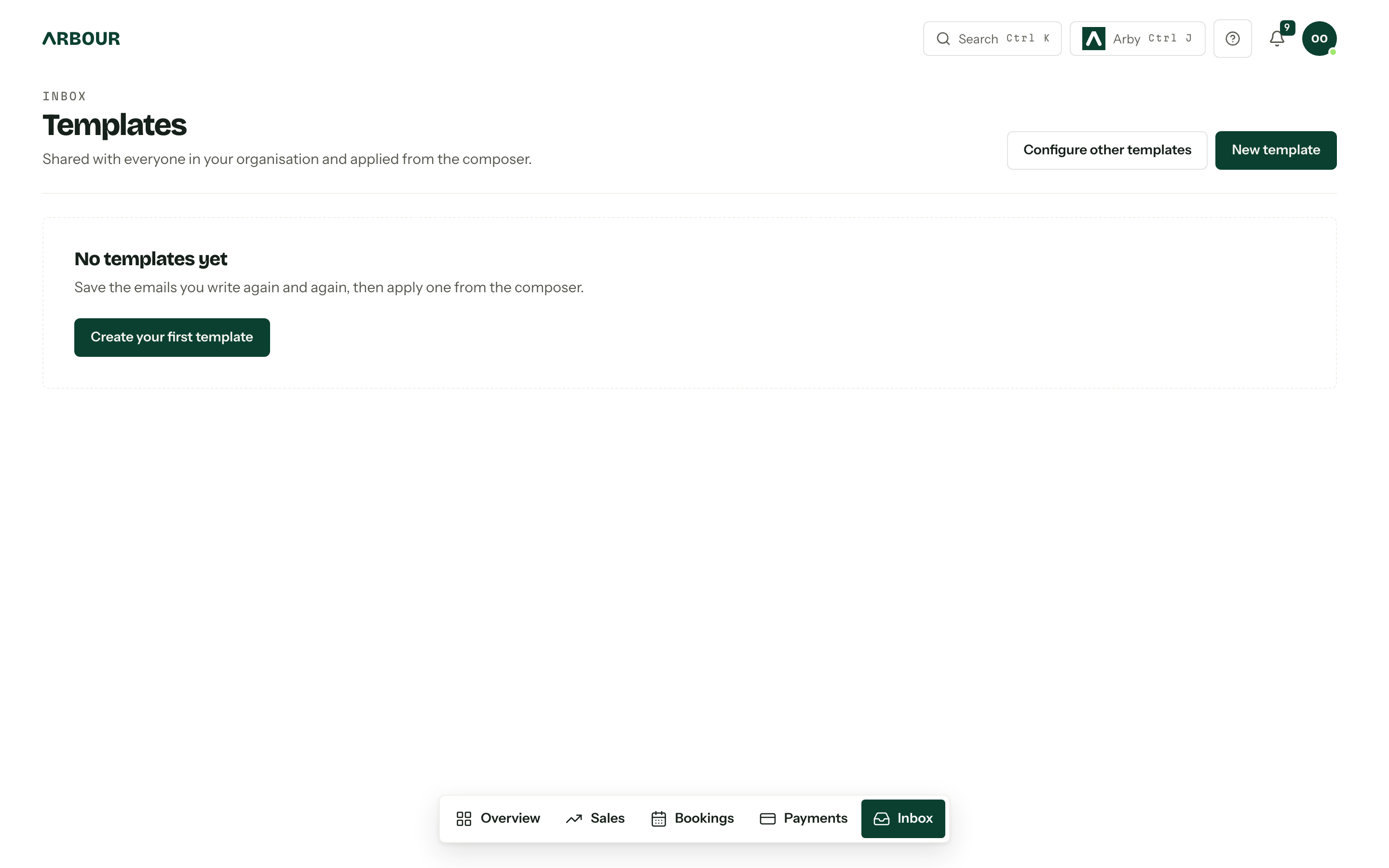 The inbox Templates page with one saved template showing its subject, a preview of the body and a merge field badge.