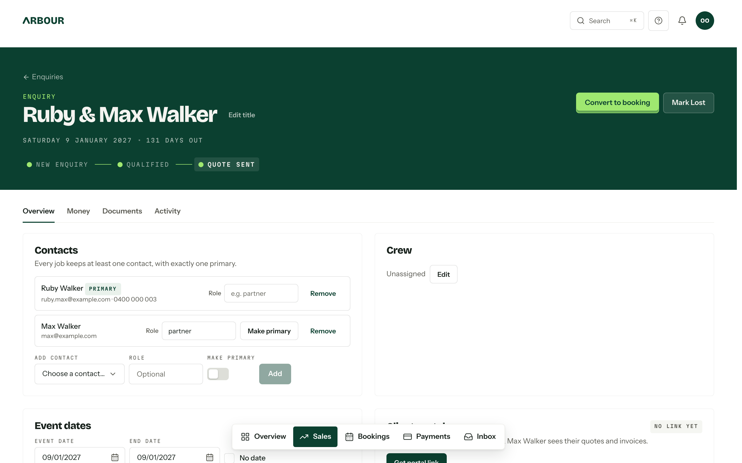 An enquiry detail page showing the stage stepper across the top and the Overview tab with Contacts, Crew, Event dates and Client portal cards.