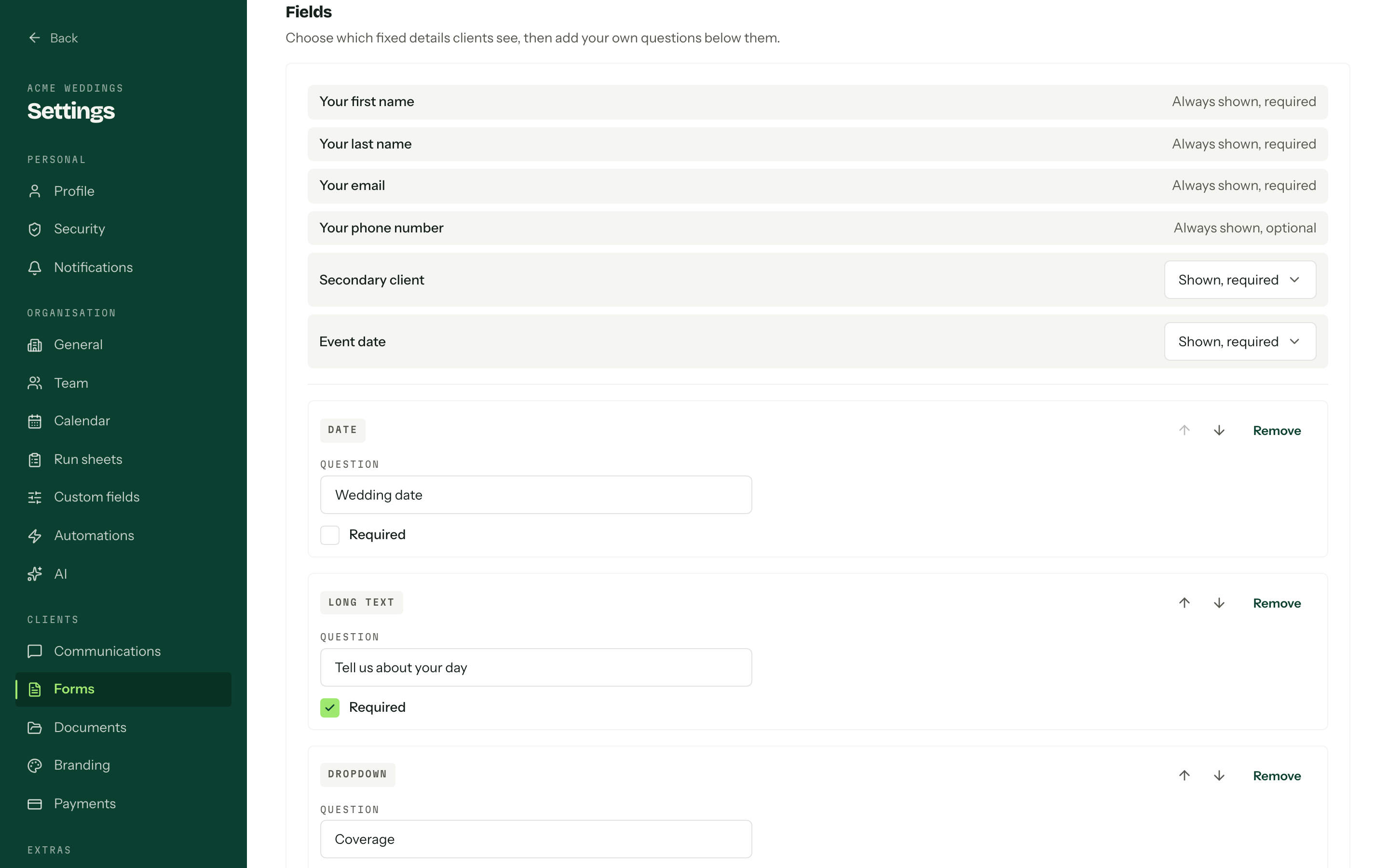 The Fields section with the fixed detail rows above a separator, then the saved questions, each with a type badge, move arrows and a Remove button.