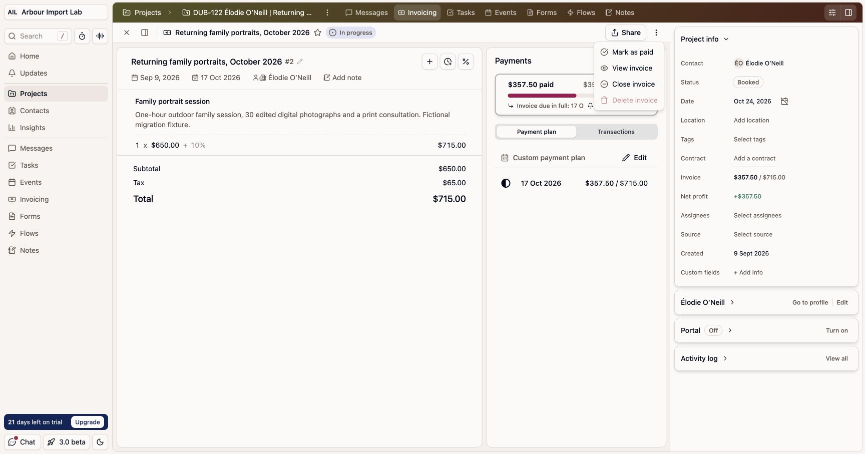 Dubsado project invoice with its three-dot menu open and View invoice available.