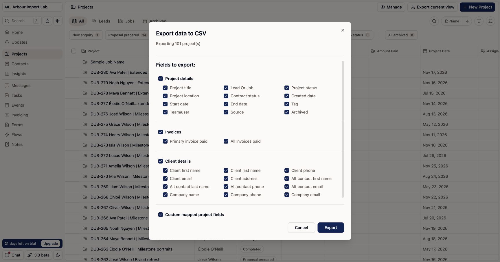 Dubsado project export dialog with Project details, Invoices, Client details and Custom mapped project fields selected.