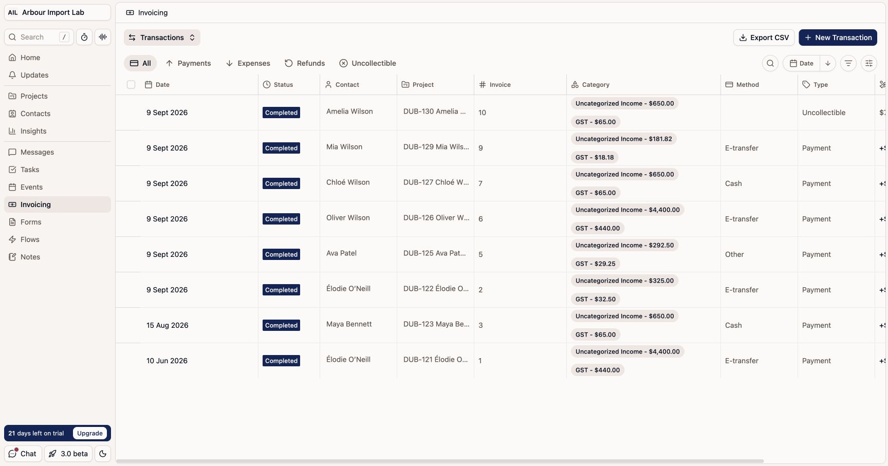 Dubsado Transactions with All selected, payments and an Uncollectible row, and Export CSV at the top right.