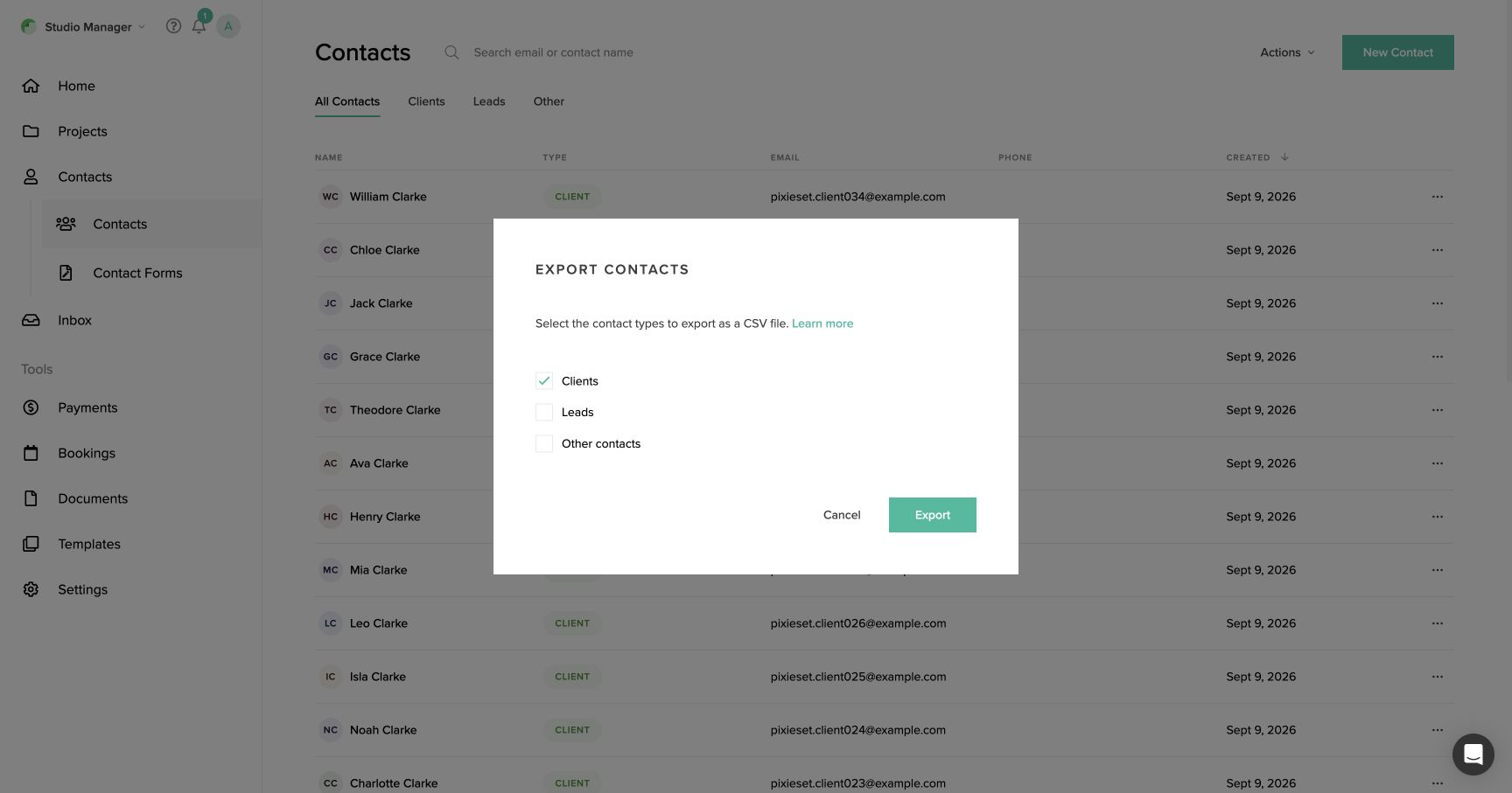 Pixieset Export Contacts dialog with Clients selected and Leads and Other contacts unchecked.