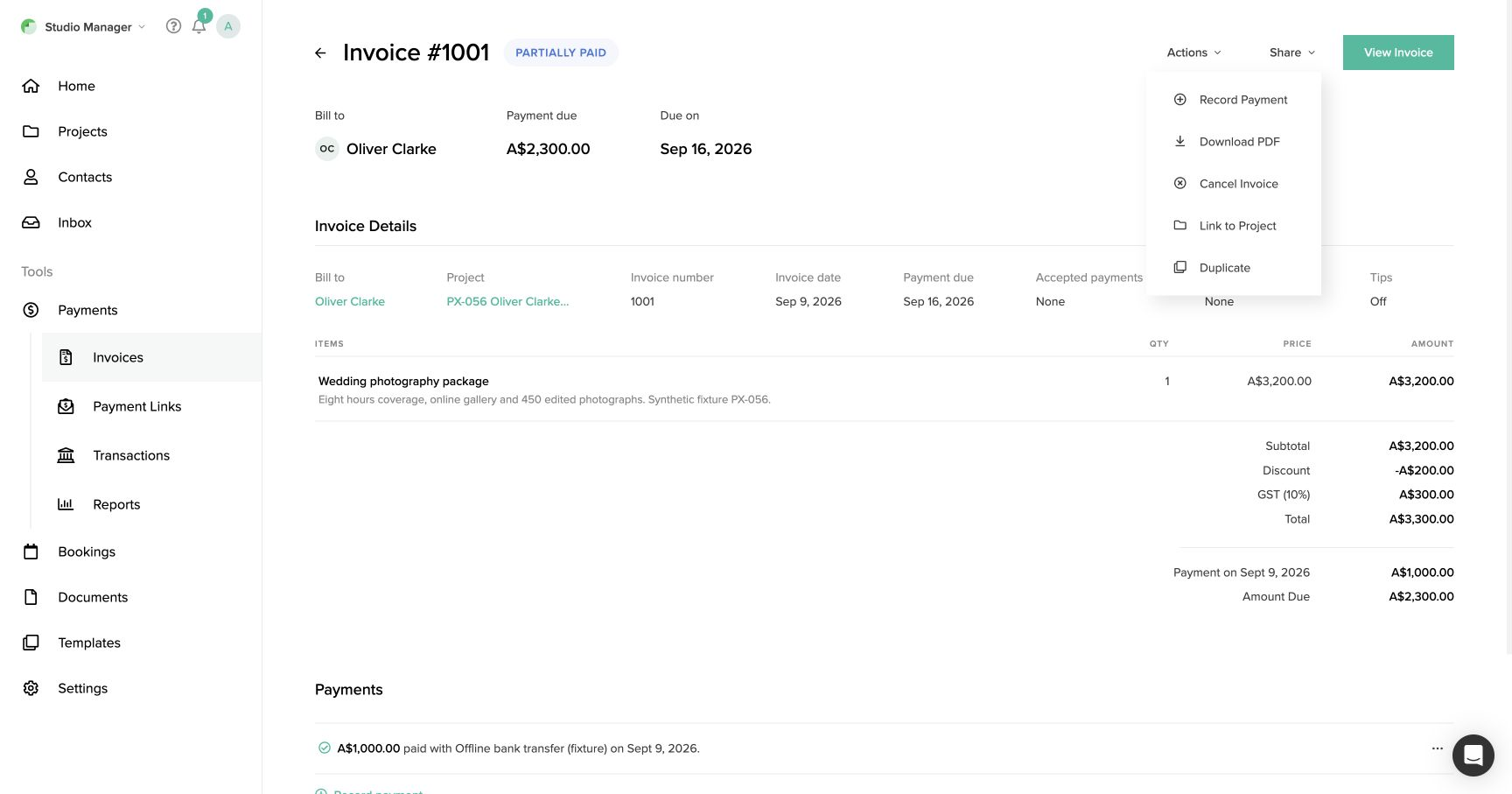 Pixieset partially paid invoice with Actions open and Download PDF available, showing discount, GST and remaining balance.