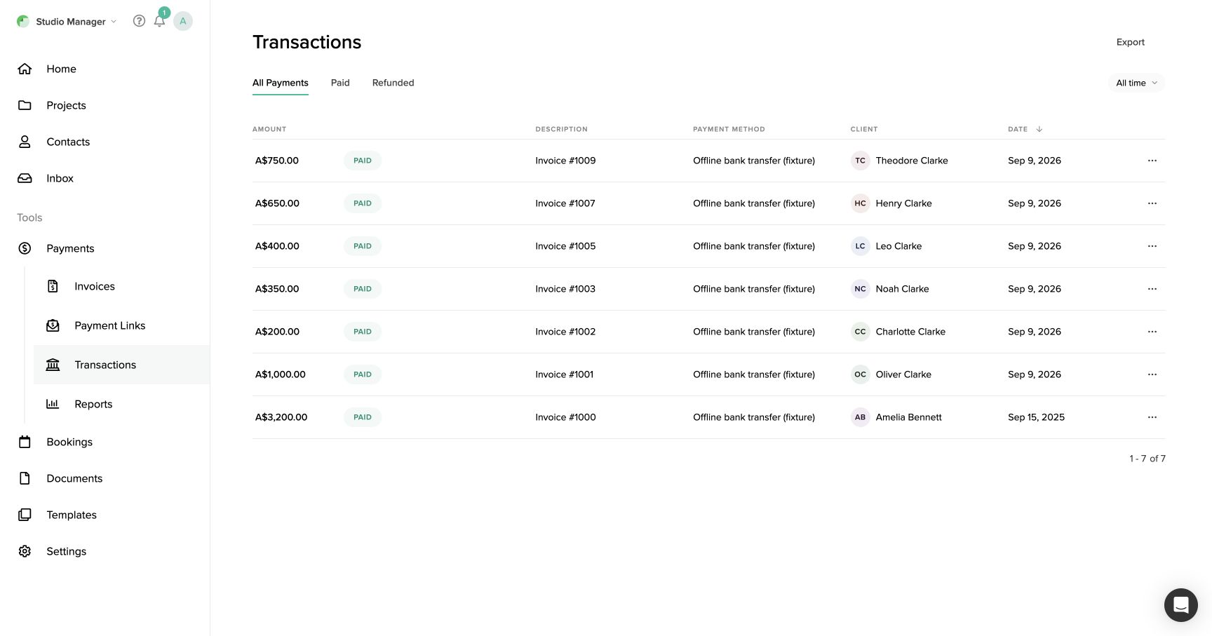 Pixieset Transactions showing All Payments, the All time filter and Export.