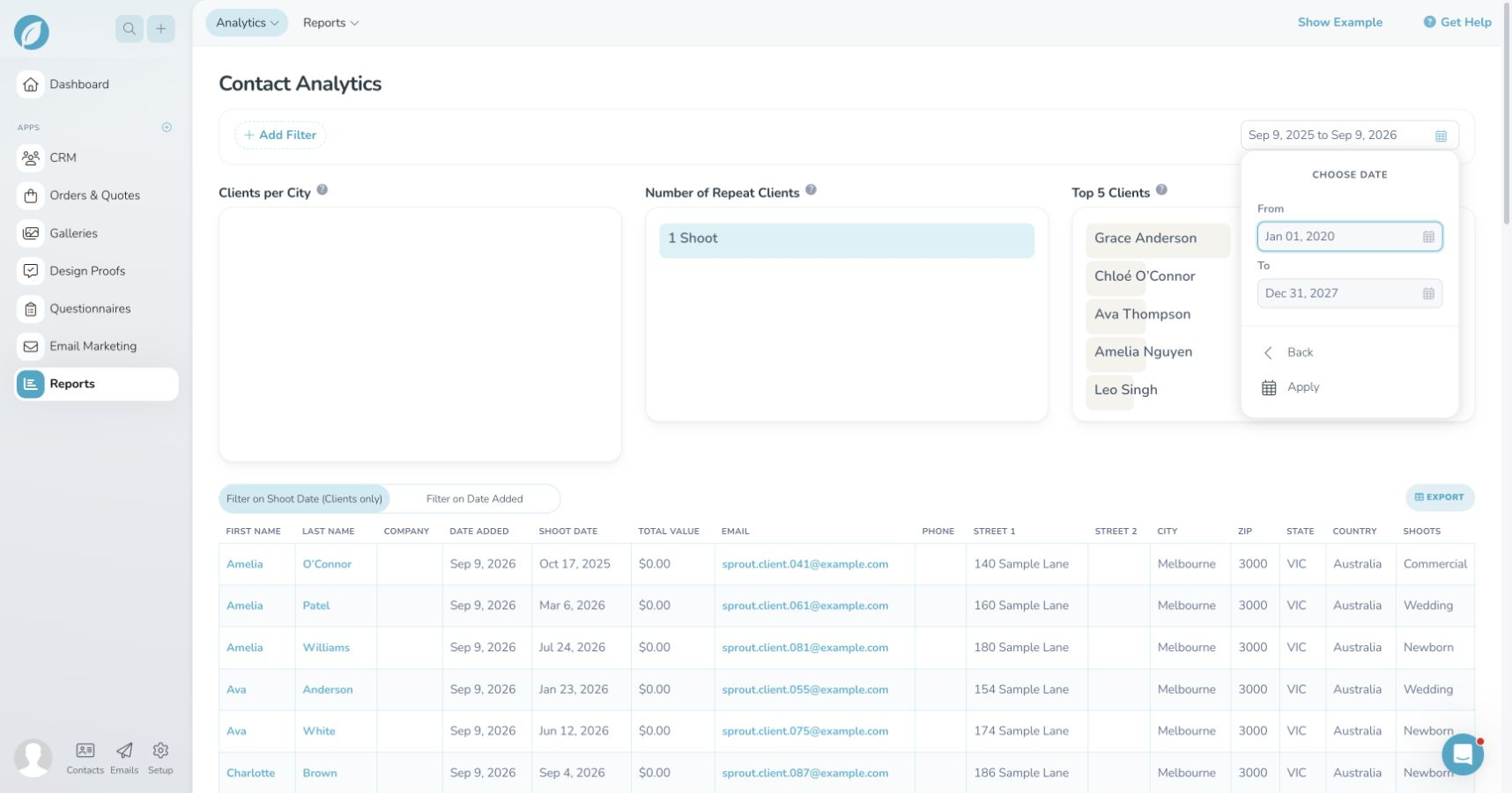 Sprout Studio Contact Analytics with Custom Range open, From and To dates and Apply.