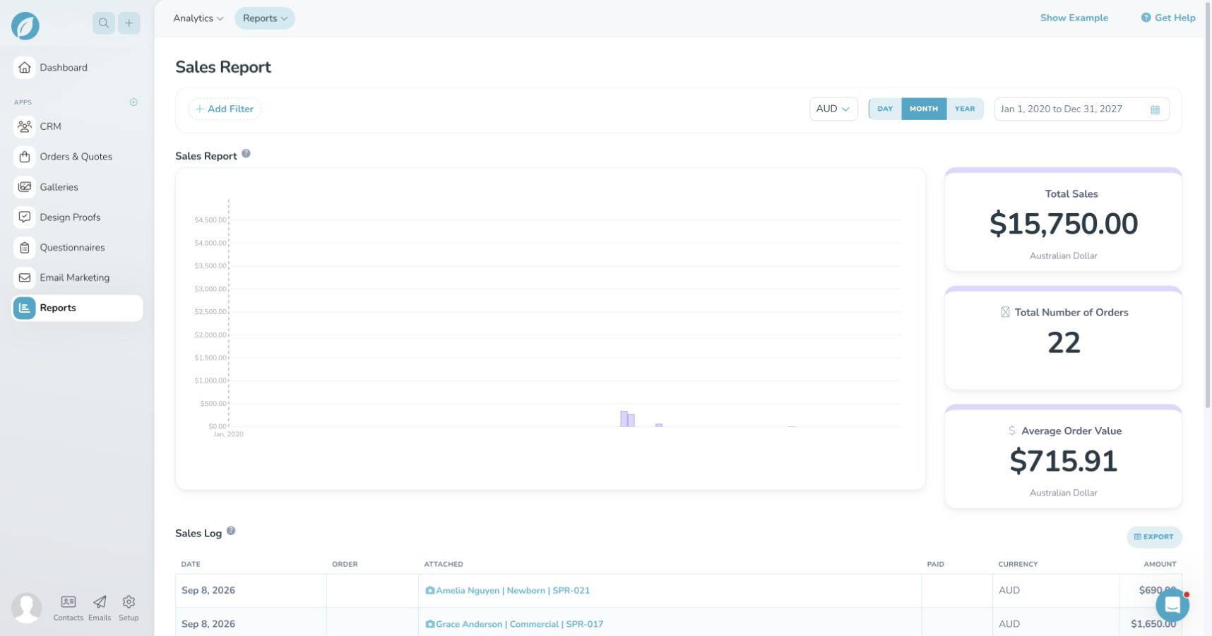 Sprout Studio Sales Report showing the Sales Log beneath the chart and its EXPORT button.