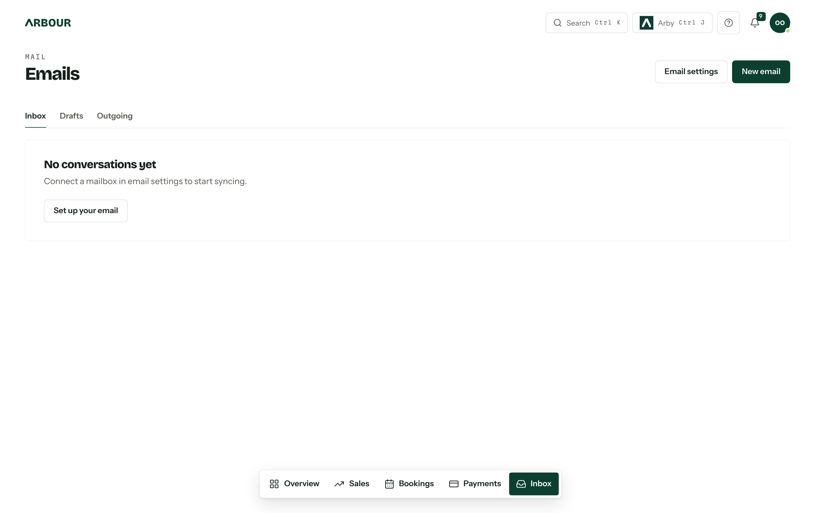 The Emails page with Inbox, Drafts and Outgoing tabs, the band counting conversations that need linking, and the New email button.