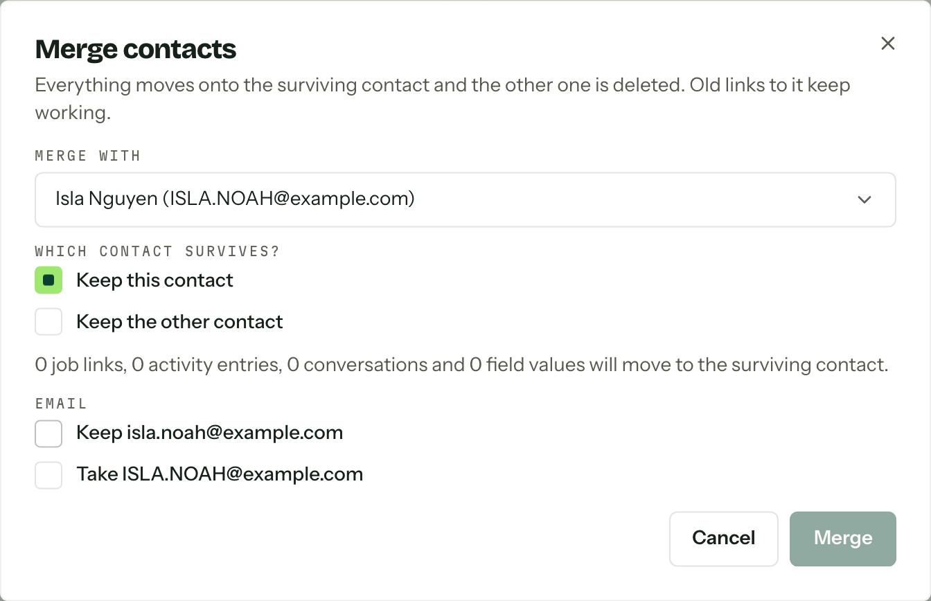 The Merge contacts dialog with a duplicate chosen, the survivor set to this contact, and an email conflict offering both addresses.