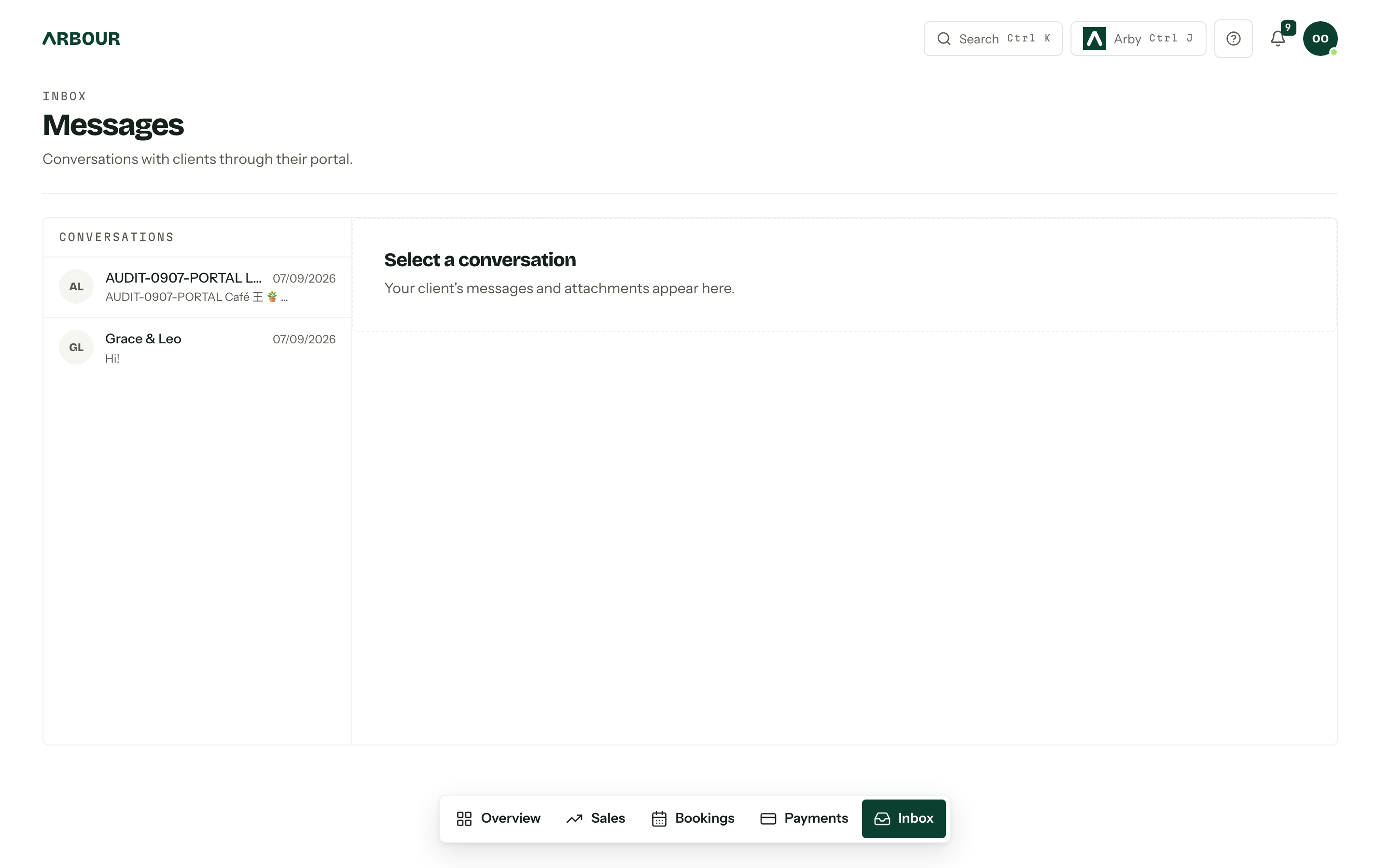 Messages under Inbox before the first client conversation, with guidance to open a job’s Messages tab.