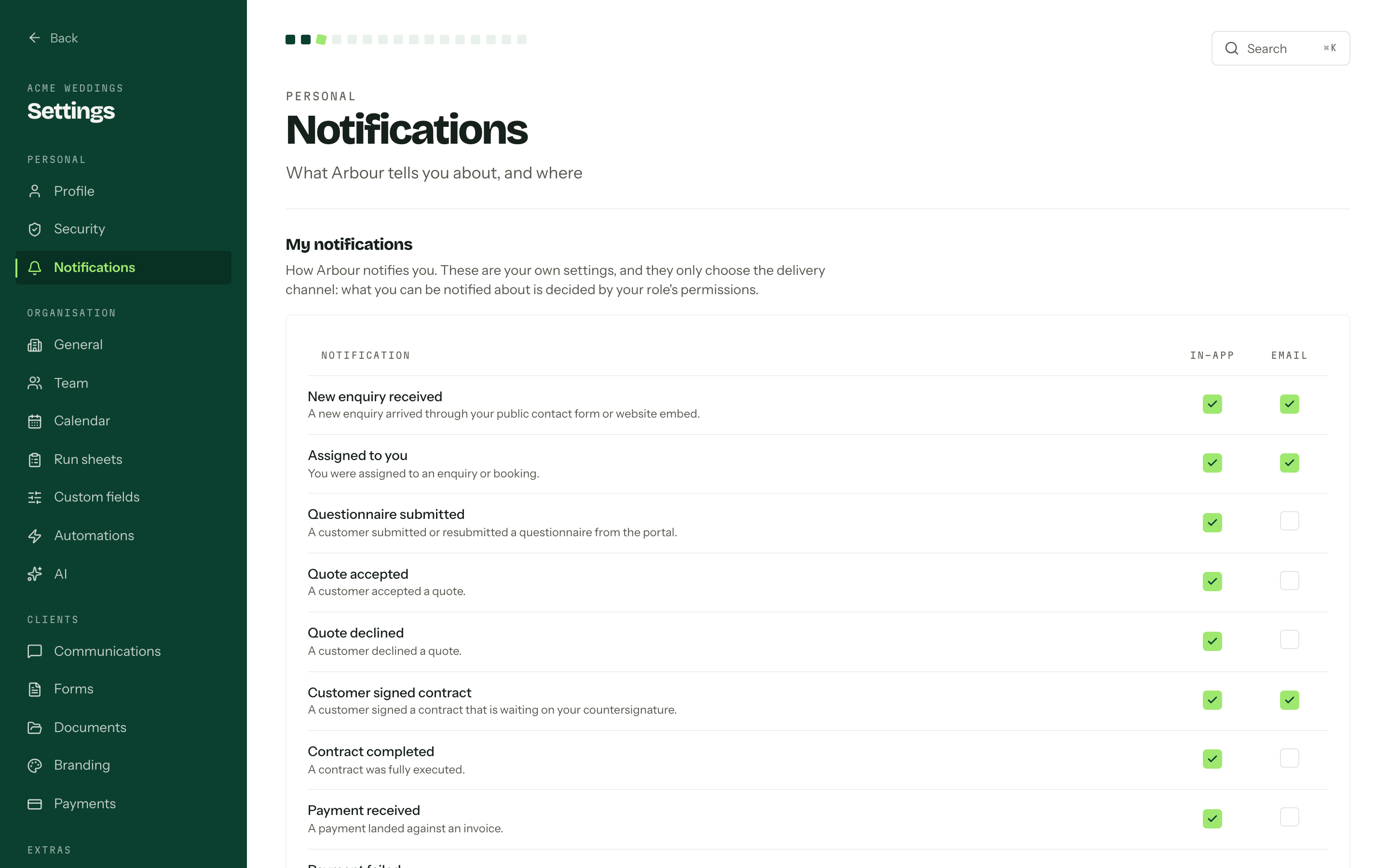 The notification settings page with a row for each notification type and In-app and Email checkboxes beside them.