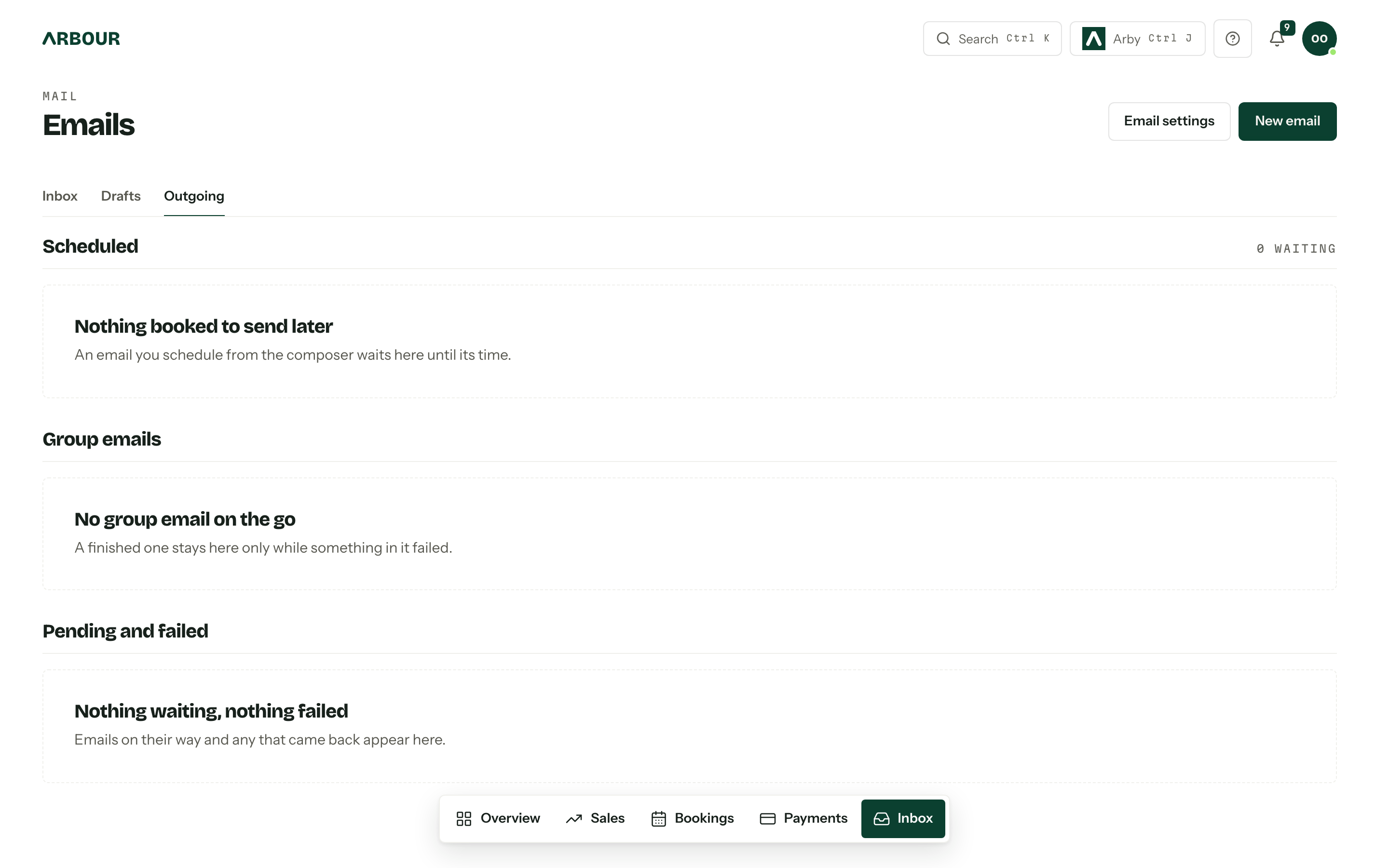 The Outgoing tab on Emails, with its Scheduled, Group emails, and Pending and failed sections.