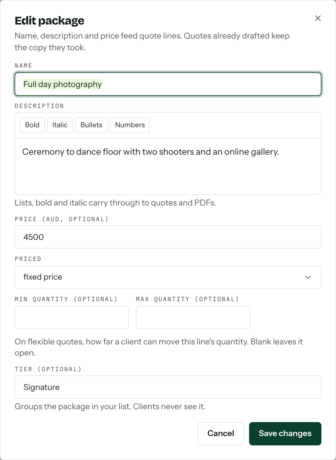 The Edit package dialog showing the name, rich text description, price, priced-by and tier fields.