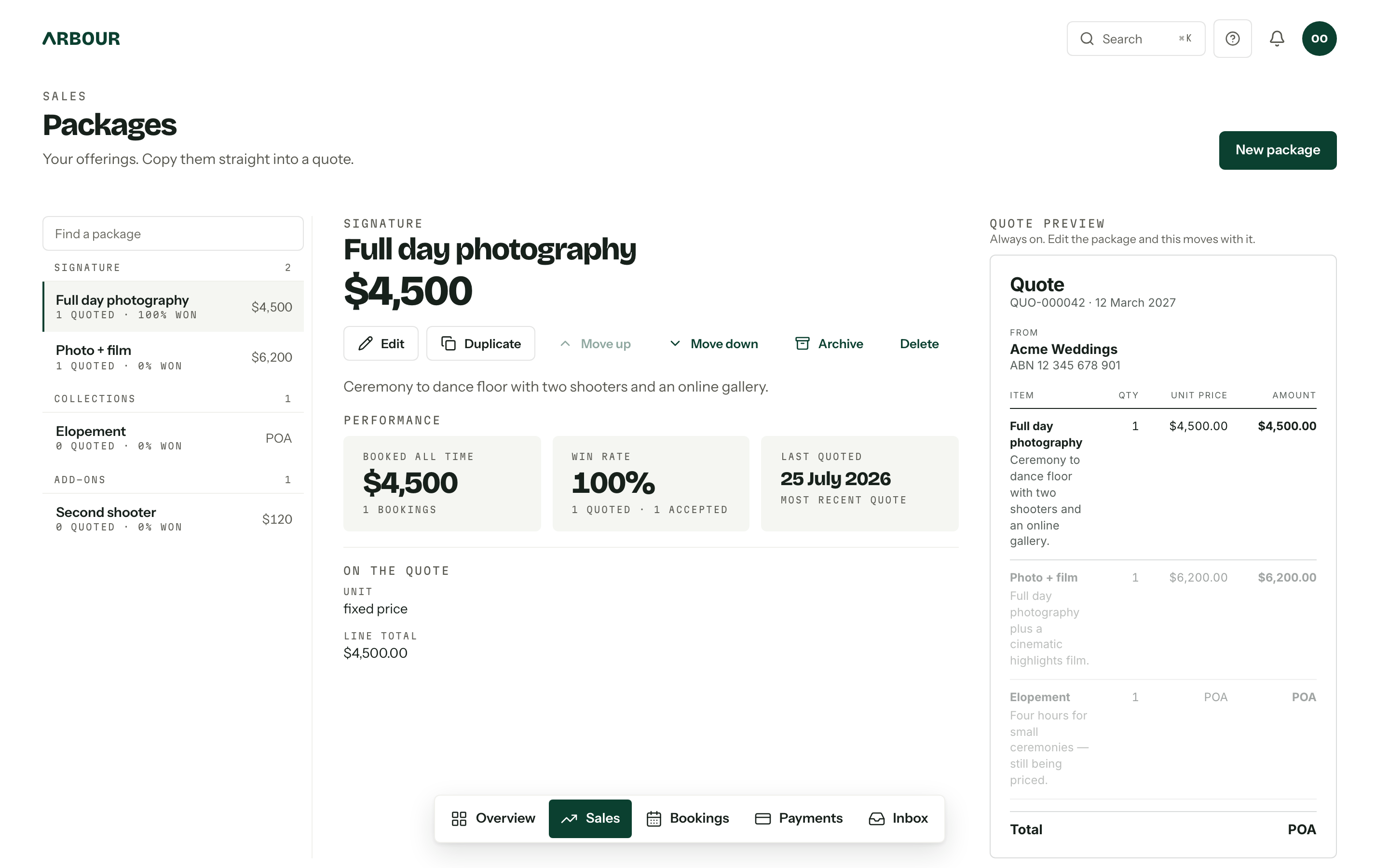 The Packages page with Full day photography selected, its price, performance tiles and a quote preview beside the list of packages.