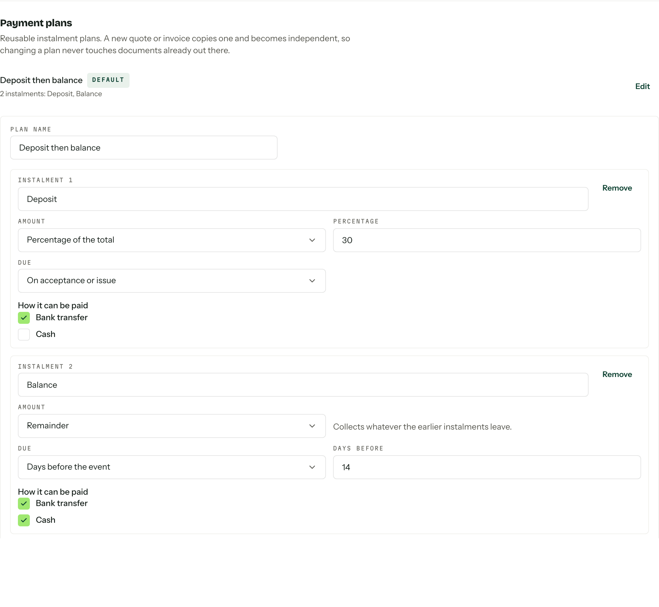 The plan editor open on Deposit then balance, showing a 30 per cent deposit due on acceptance and a remainder balance due 14 days before the event.
