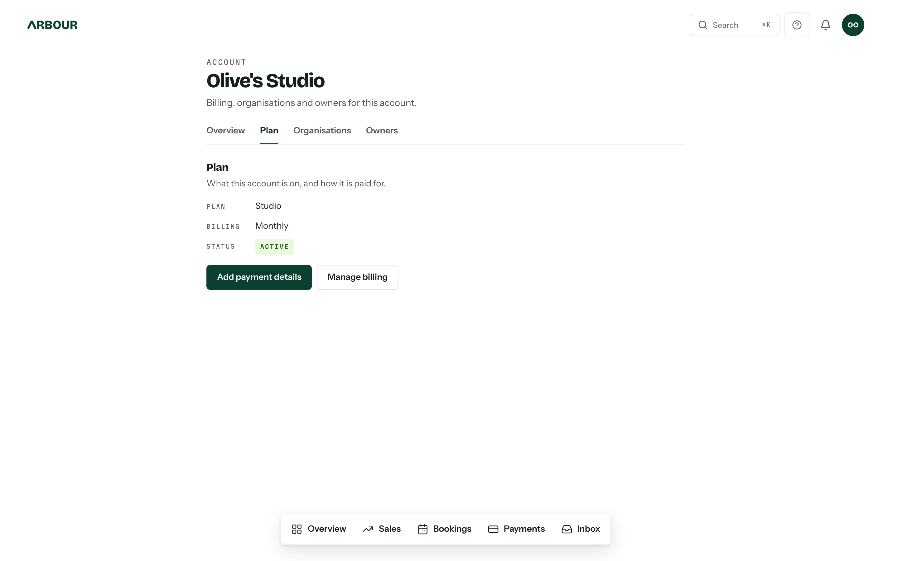 The Plan tab of an account, showing Plan, Billing and Status, with Add payment details and Manage billing buttons.