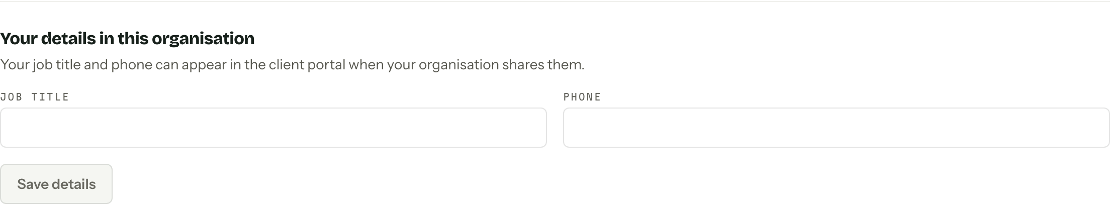 The organisation-specific profile section with Job title and Phone fields and Save details.