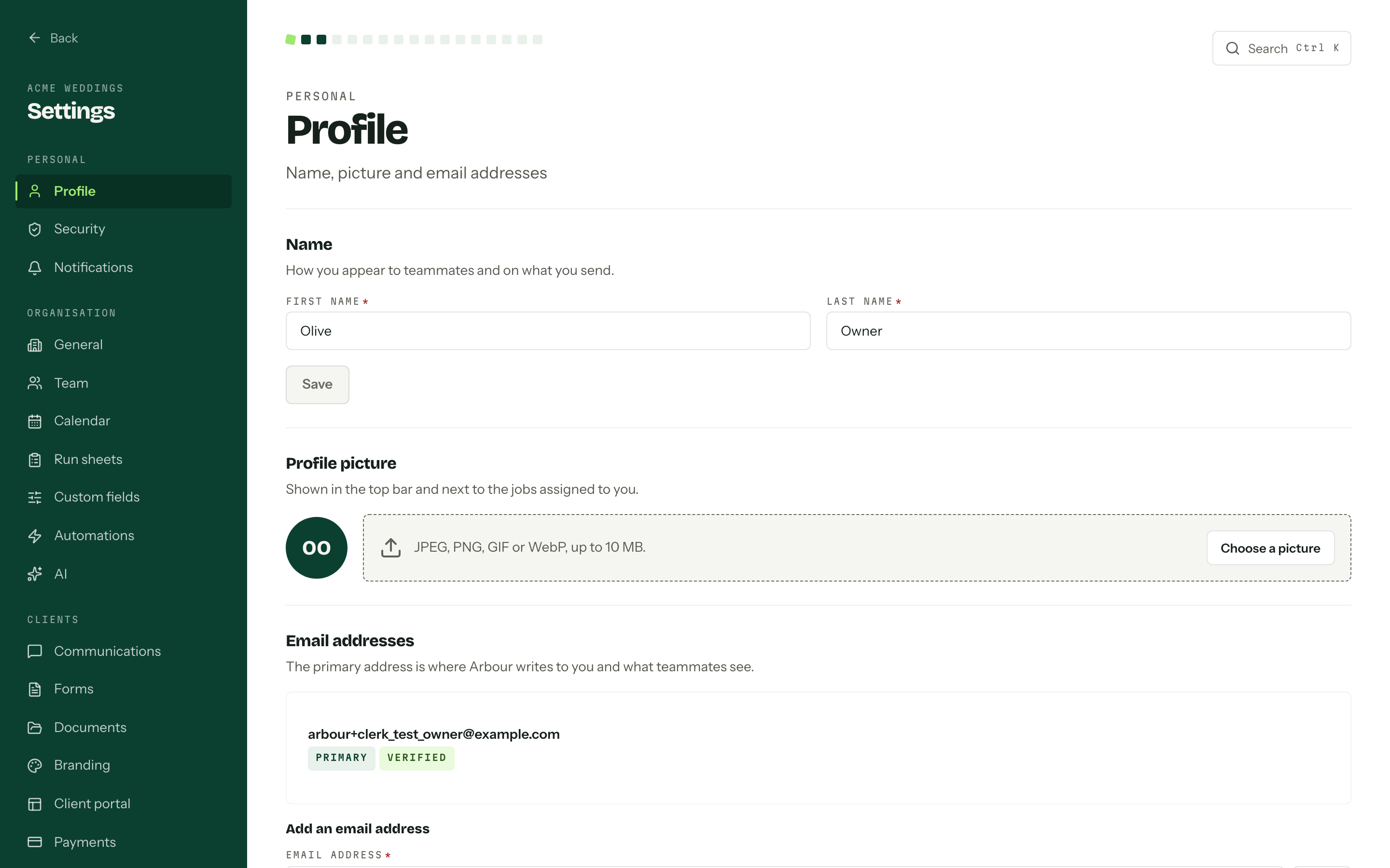 The profile page with the Name, Profile picture and Email addresses sections.
