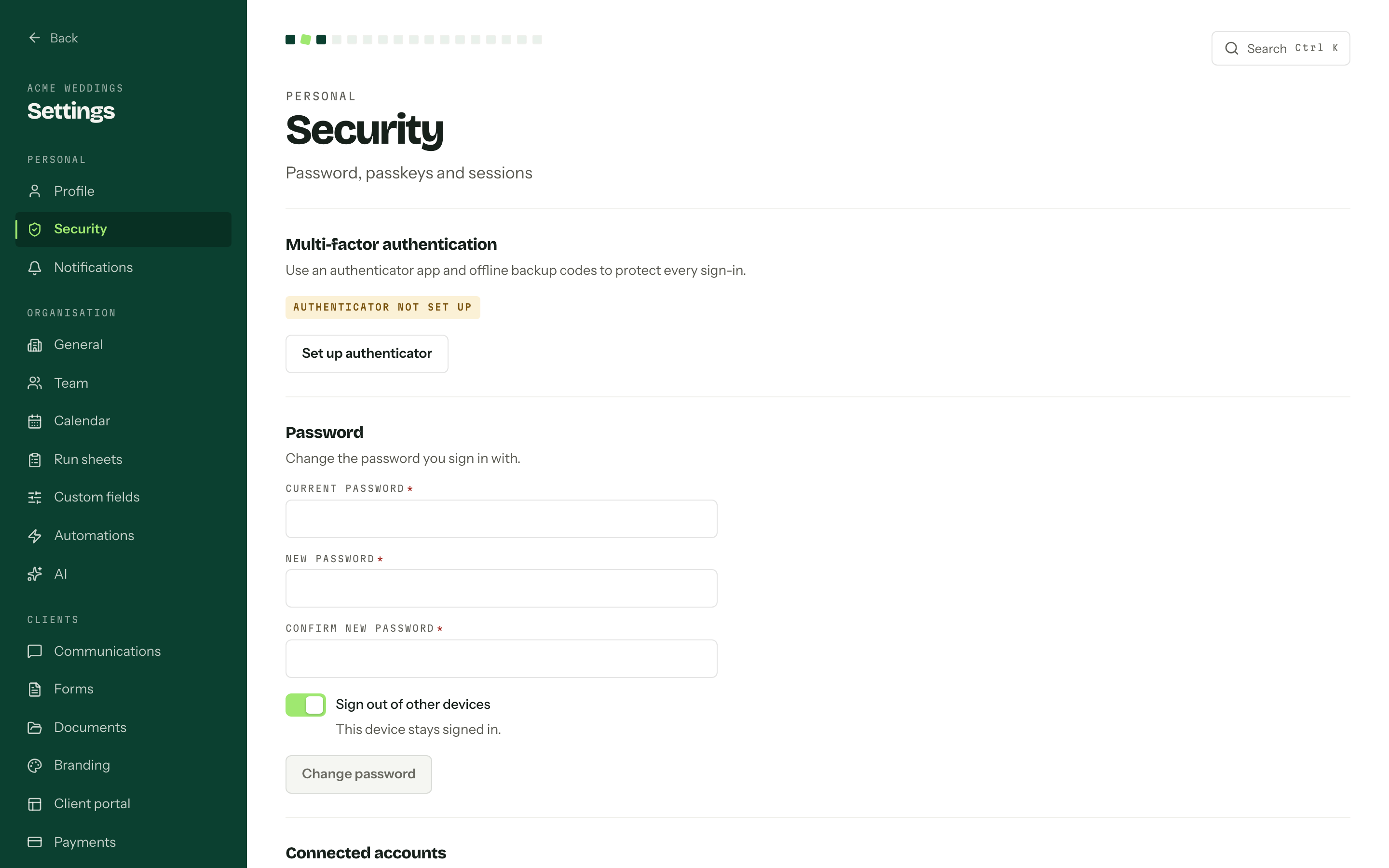 The security page with Multi-factor authentication reading Authenticator not set up, and the Password form beneath it.