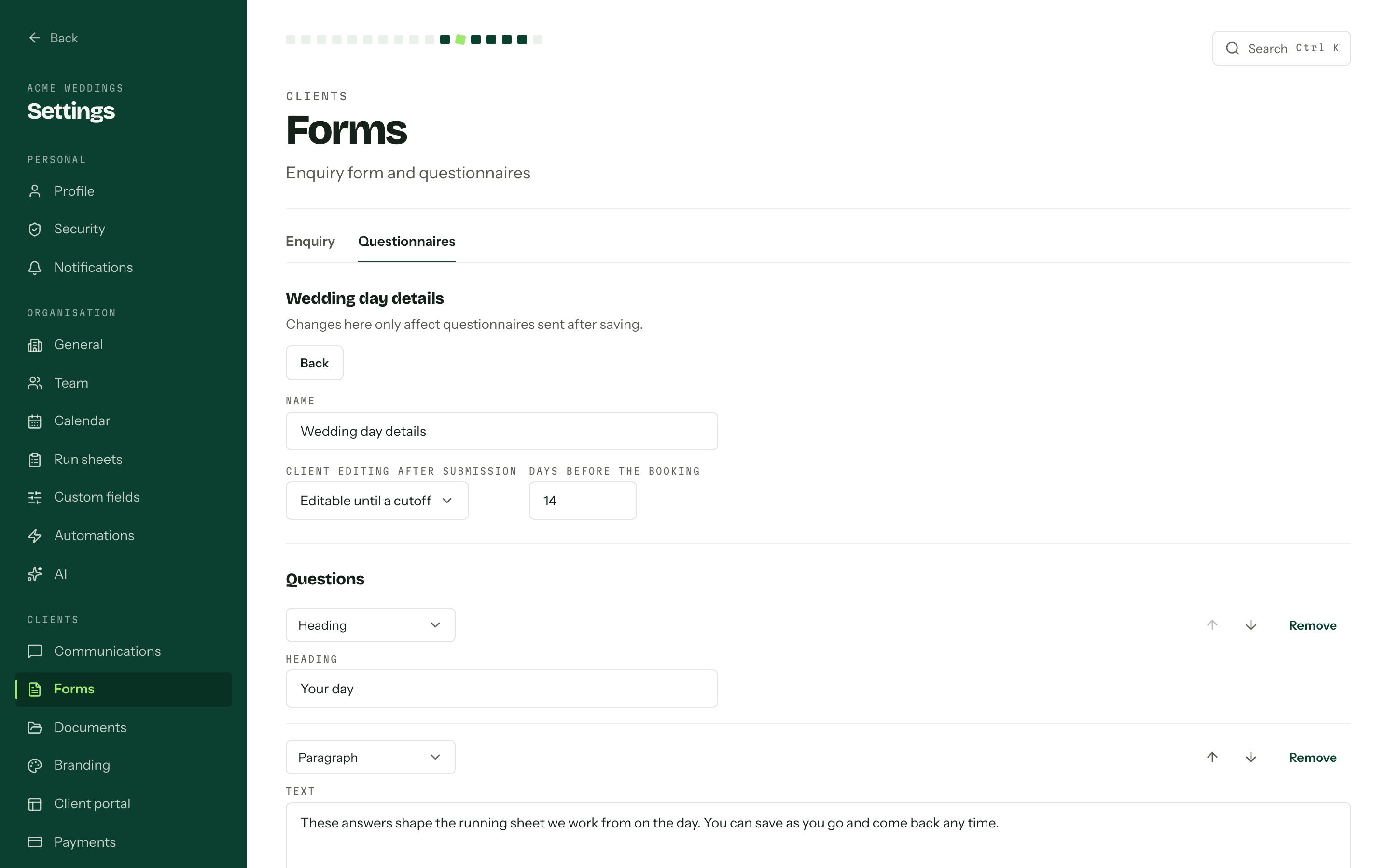 The Wedding day details template open, showing its name, the edit policy, and the first blocks in the question editor.