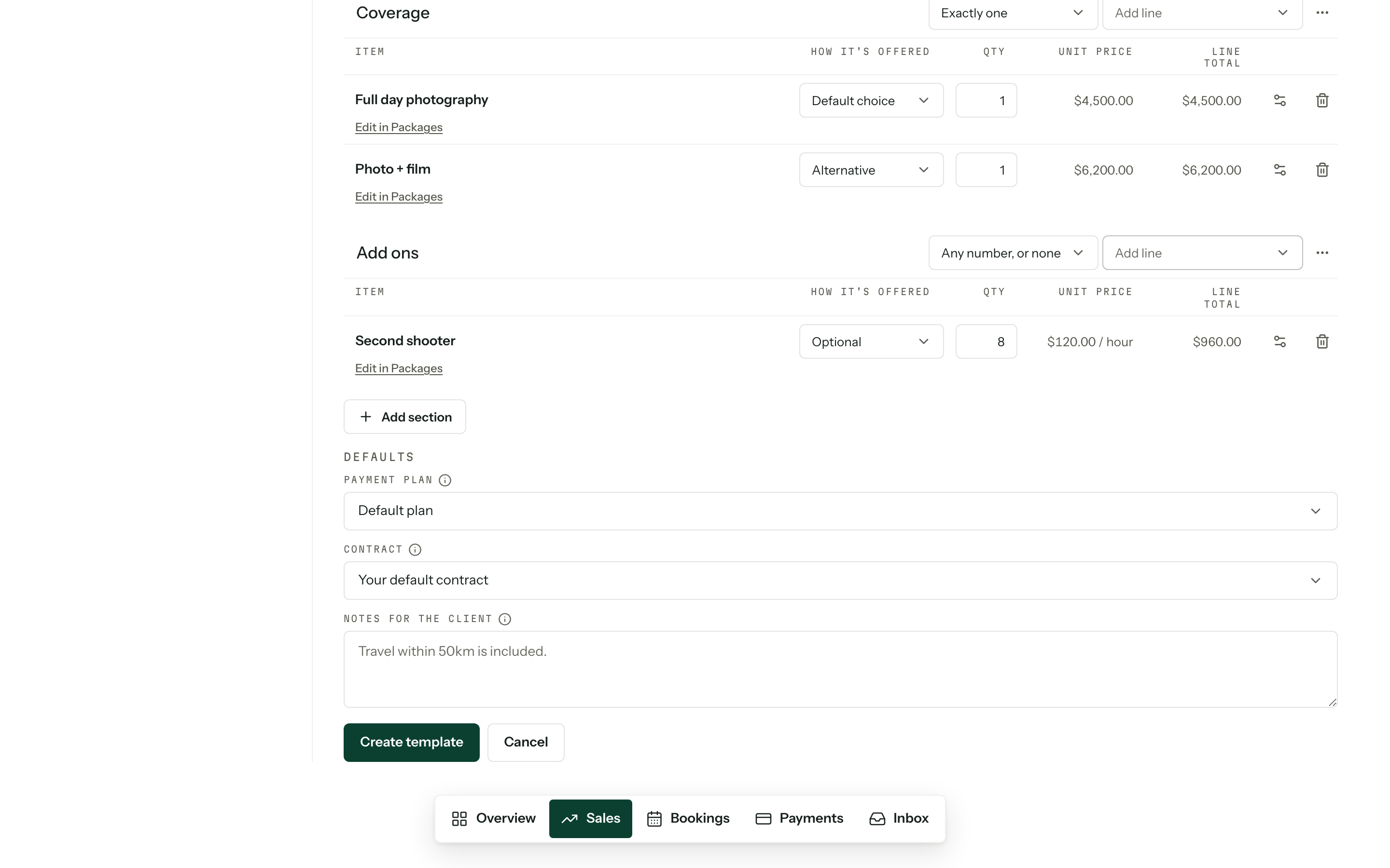The Defaults block of the template editor showing Payment plan, Contract and Notes for the client, above Create template and Cancel.