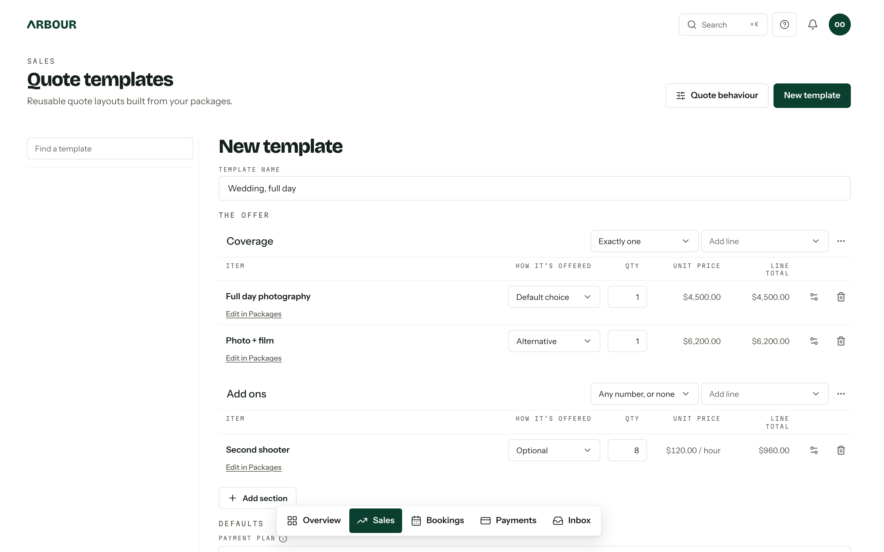 A quote template being built, with a Coverage section set to Exactly one holding two package lines, and an Add ons section holding an optional Second shooter line.