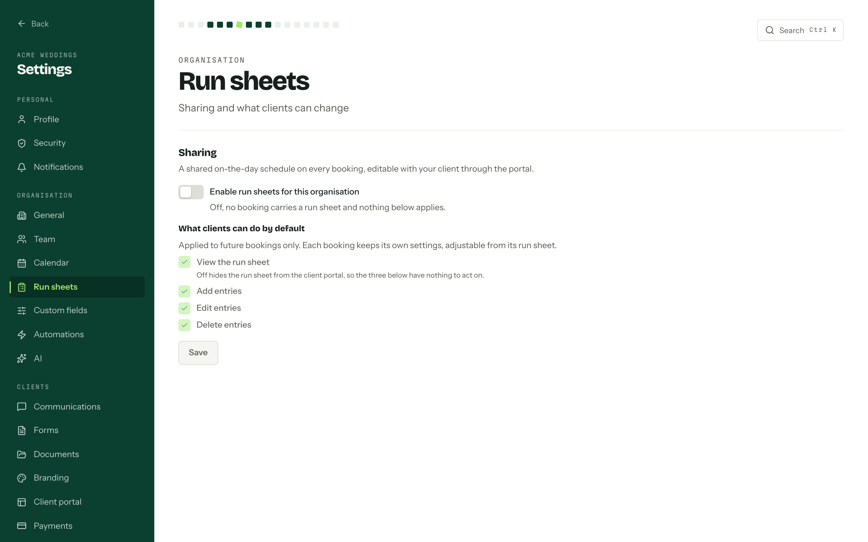 Run sheet settings with the enable switch off and the four default client permissions ticked.