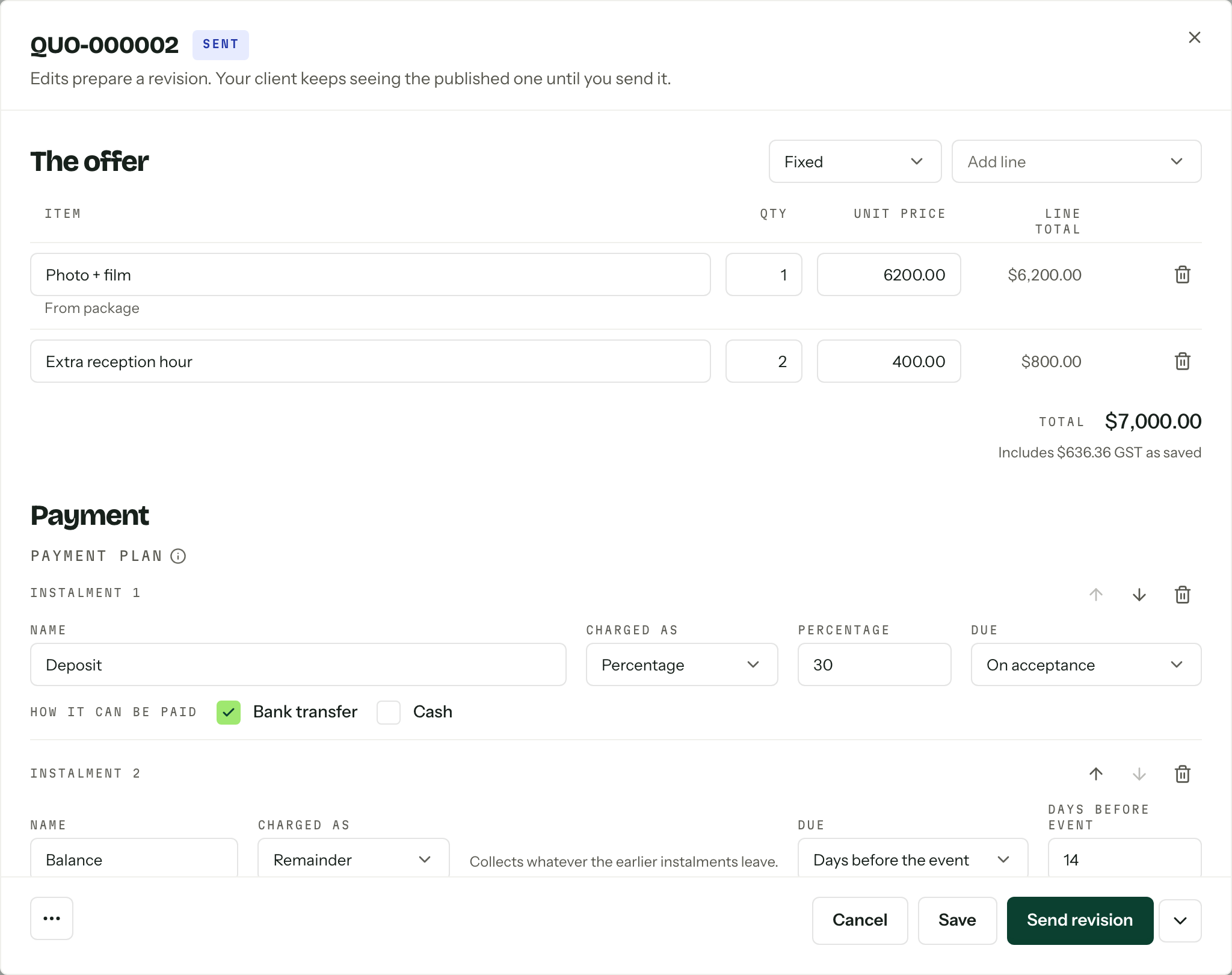 The quote builder open over an enquiry, showing two lines, the total with GST, the deposit and balance instalments, and Save and Send revision.