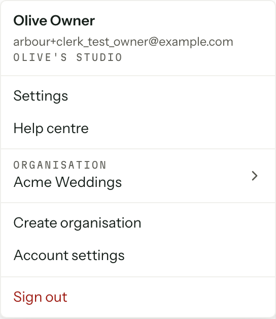 The account menu open under the avatar, showing the person's name and billing account, then Settings, Help centre and the Organisation row naming Acme Weddings.