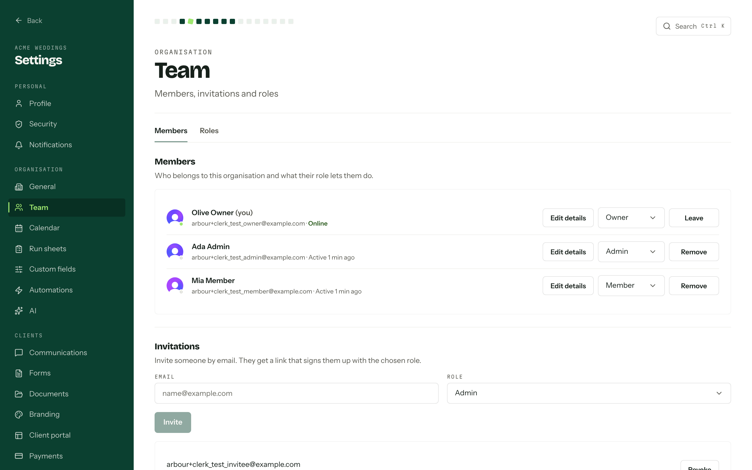 The members list showing Olive Owner, Ada Admin and Mia Member with a role selector beside each, and a pending invitation below.